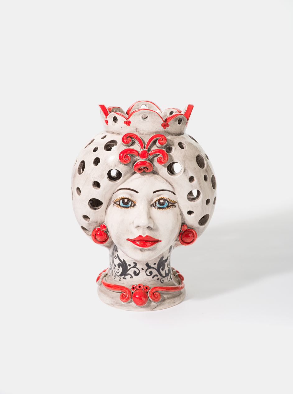 Teste di Moro Traforate TDS cm H.30 L.23 Ceramica Caltagirone Artigianale Fumè con Decoro Rosso - Donna - TESTE DI MORO