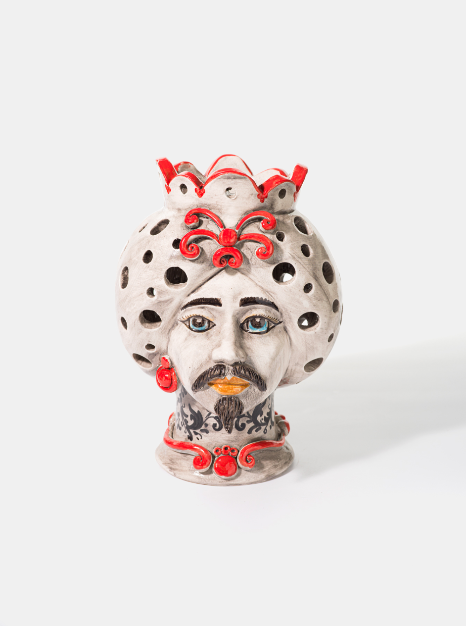 Teste di Moro Traforate TDS cm H.30 L.23 Ceramica Caltagirone Artigianale Fumè con Decoro Rosso - Uomo - TESTE DI MORO