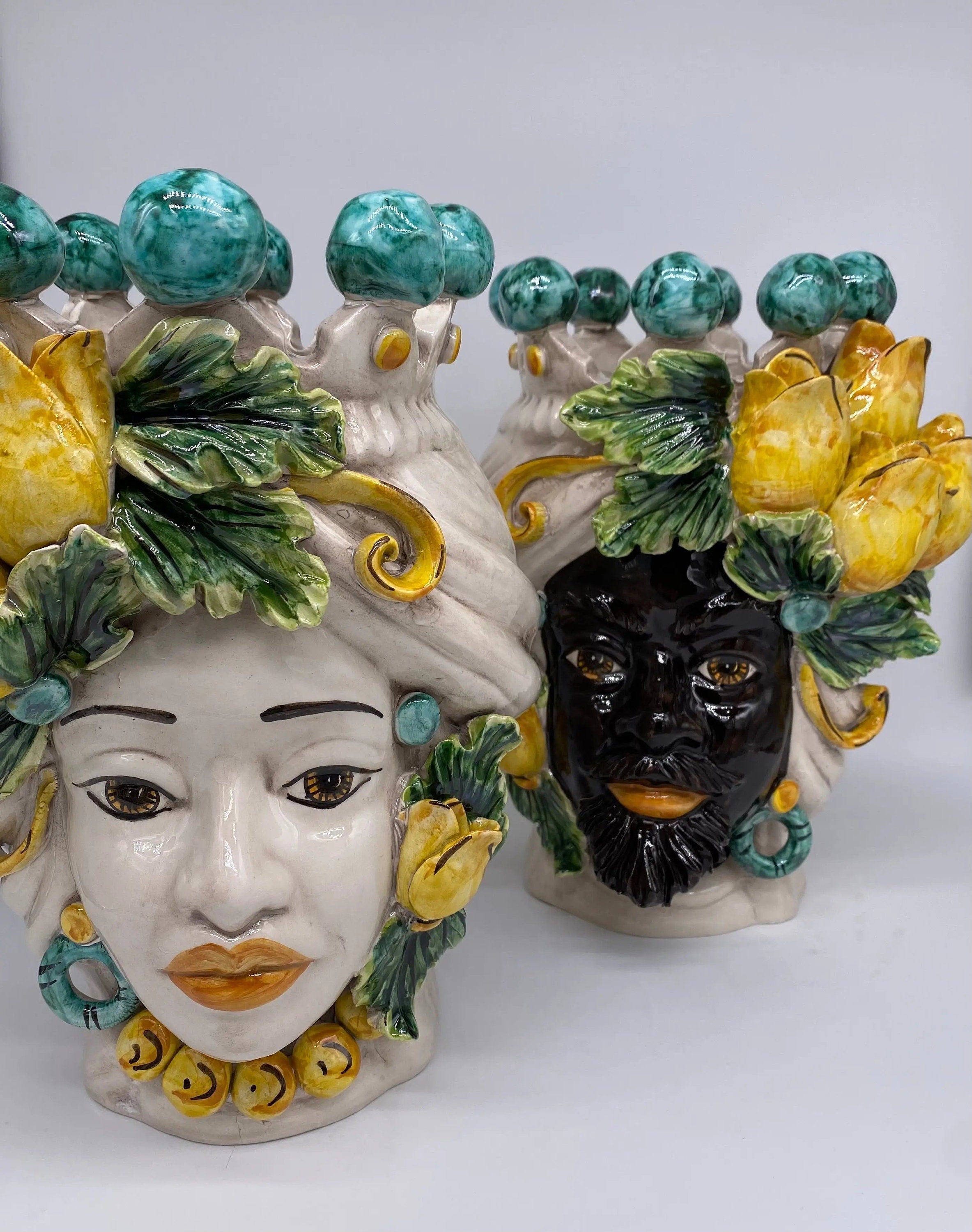 Teste di Moro Tulipani Ceramica Caltagirone cm H.30 L.23 Artigianale DD CERAMICHE SICILIANE