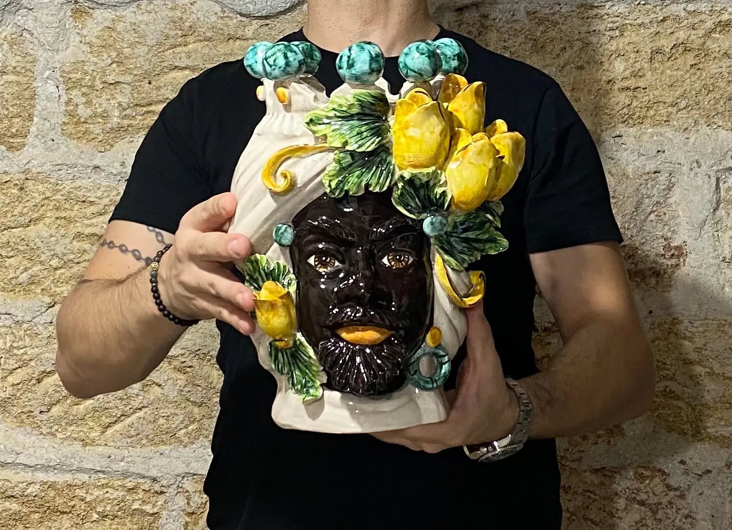Teste di Moro Tulipani Ceramica Caltagirone cm H.30 L.23 Artigianale - DD CERAMICHE SICILIANE