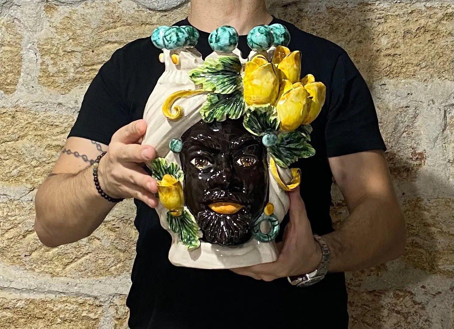 Teste di Moro Tulipani Ceramica Caltagirone cm H.30 L.23 Artigianale DD CERAMICHE SICILIANE