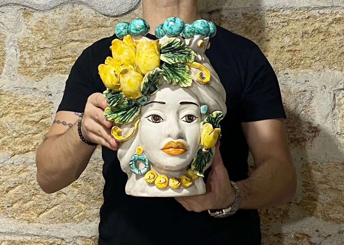 Teste di Moro Tulipani Ceramica Caltagirone cm H.30 L.23 Artigianale - DD CERAMICHE SICILIANE