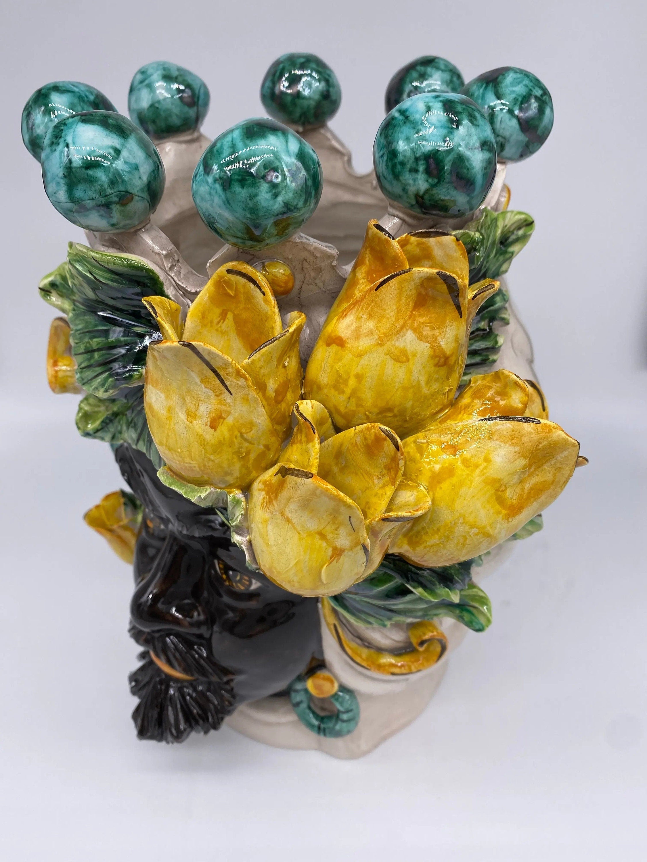 Teste di Moro Tulipani Ceramica Caltagirone cm H.30 L.23 Artigianale DD CERAMICHE SICILIANE