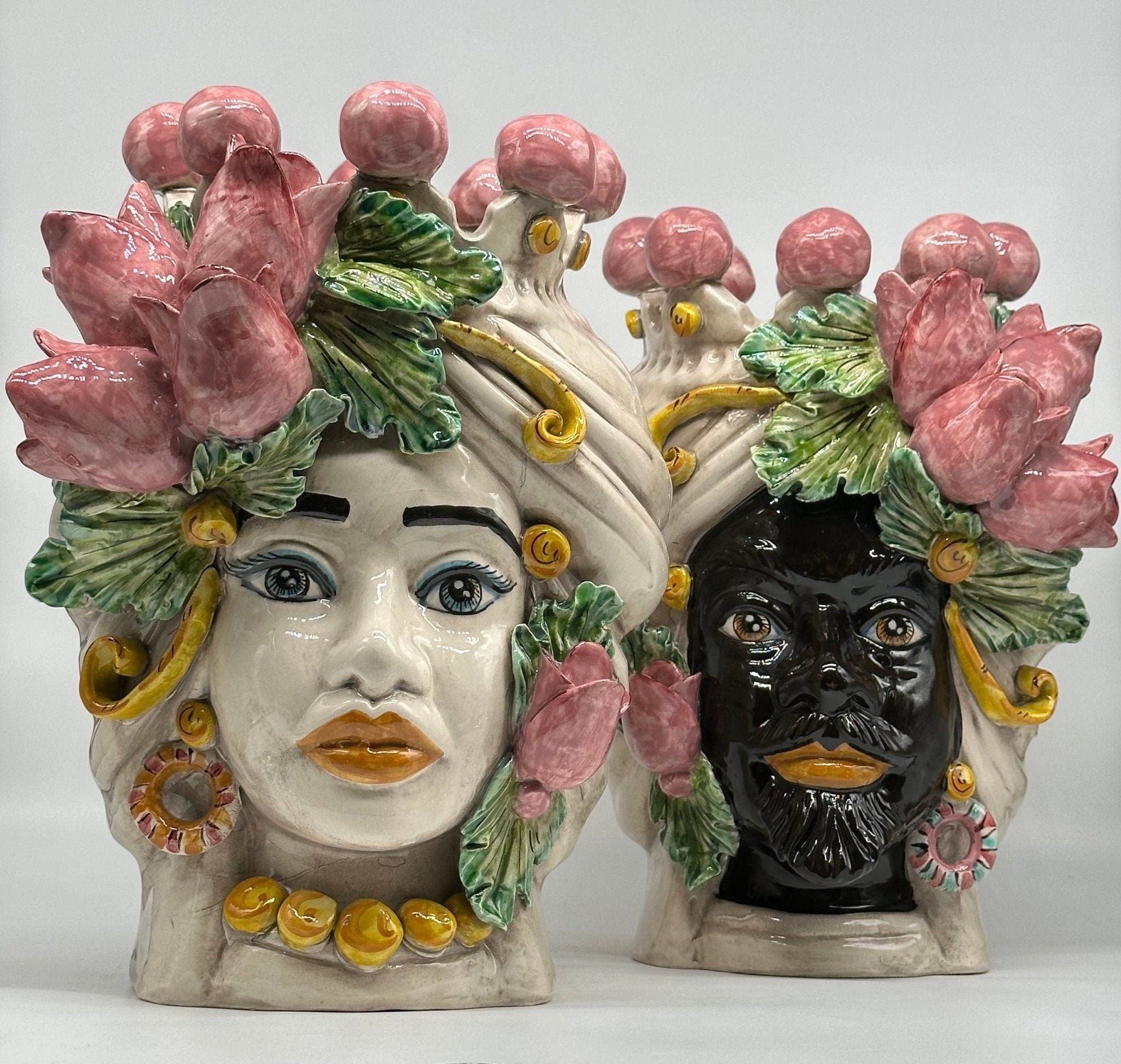 Teste di Moro Tulipani Risa Ceramica Caltagirone cm H.30 L.23 Artigianale - DD CERAMICHE SICILIANE