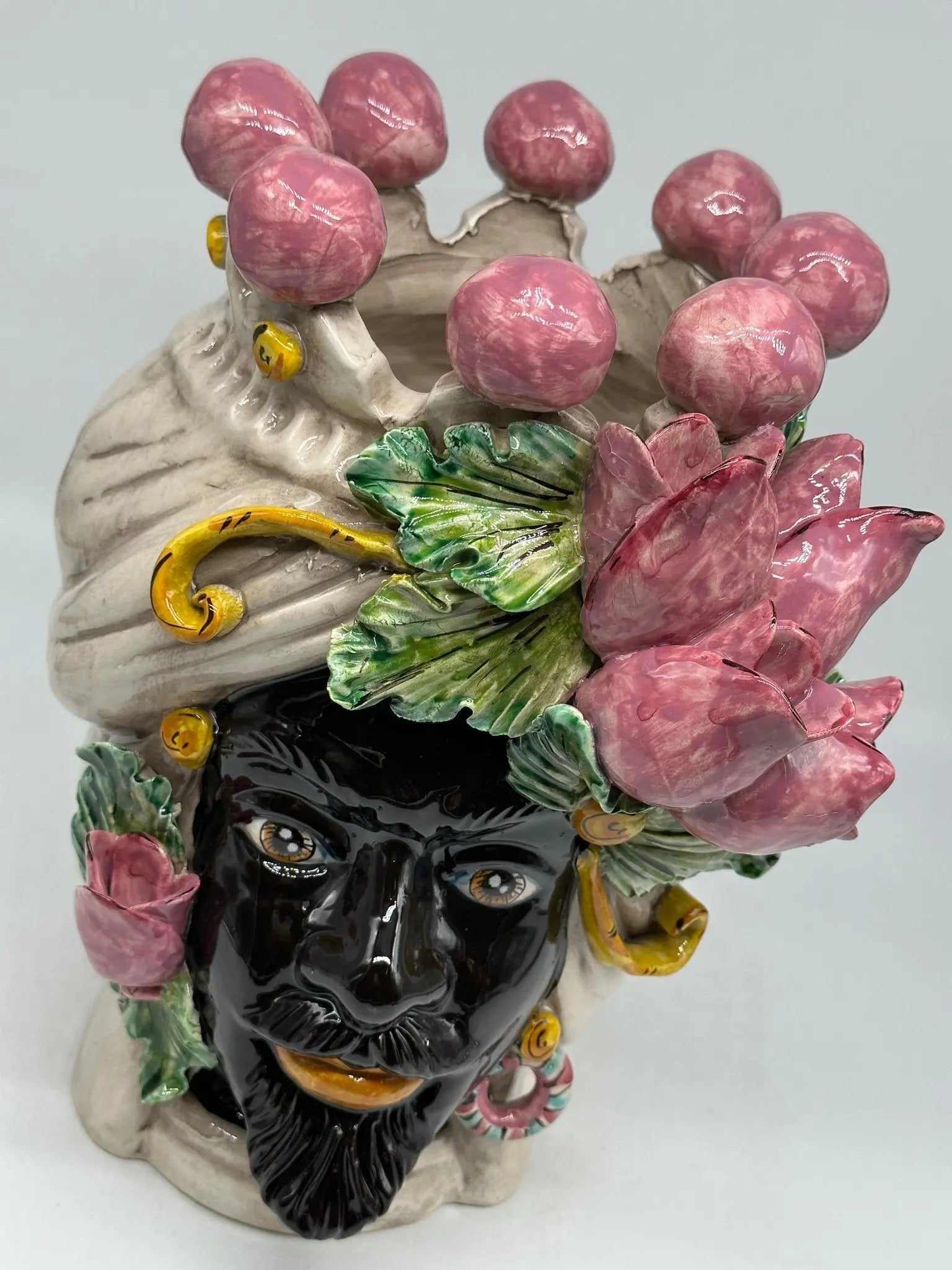 Teste di Moro Tulipani Rosa Ceramica Caltagirone cm H.30 L.23 Artigianale - TESTA DI MORO