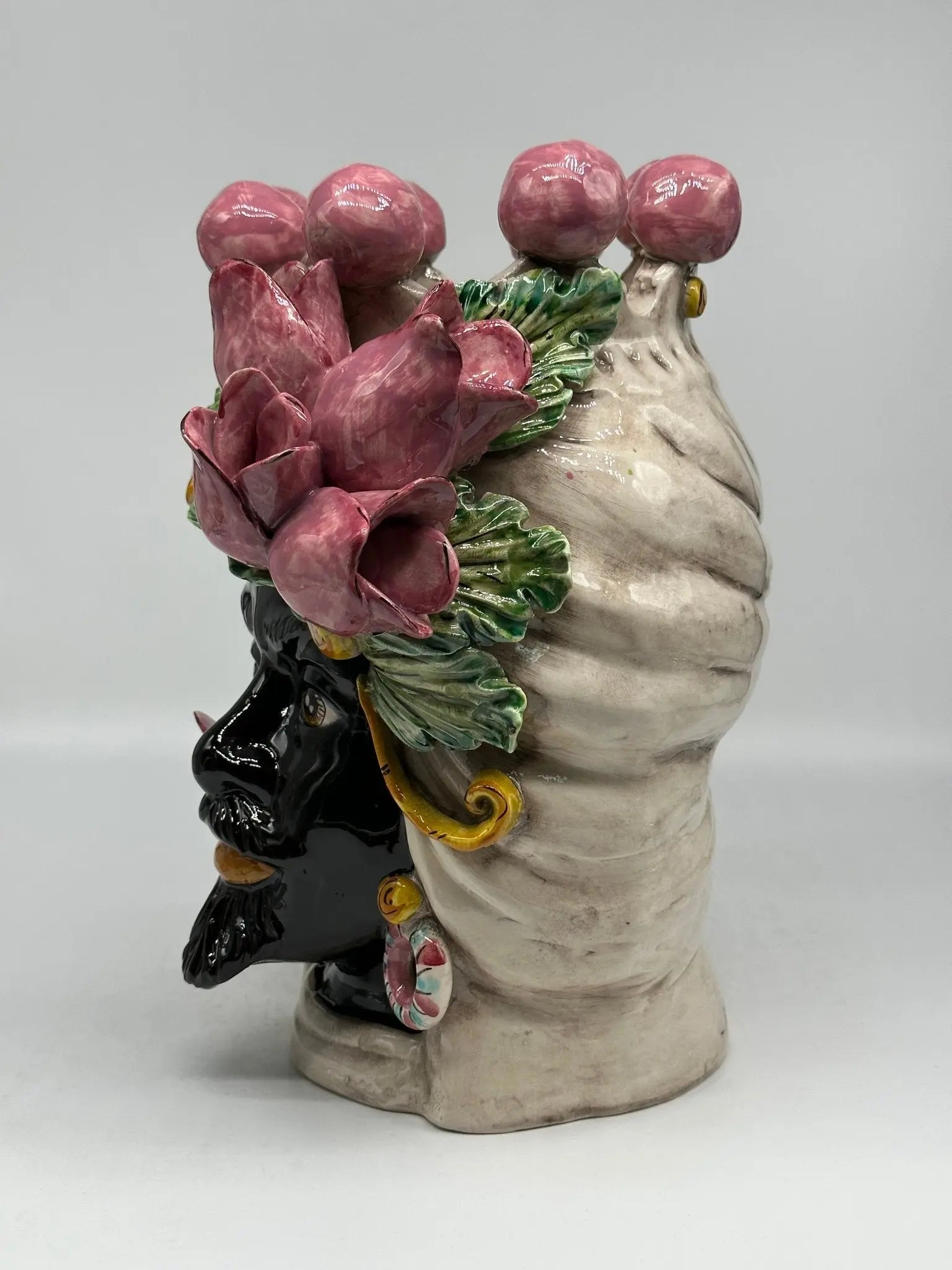 Teste di Moro Tulipani Rosa Ceramica Caltagirone cm H.30 L.23 Artigianale - TESTA DI MORO