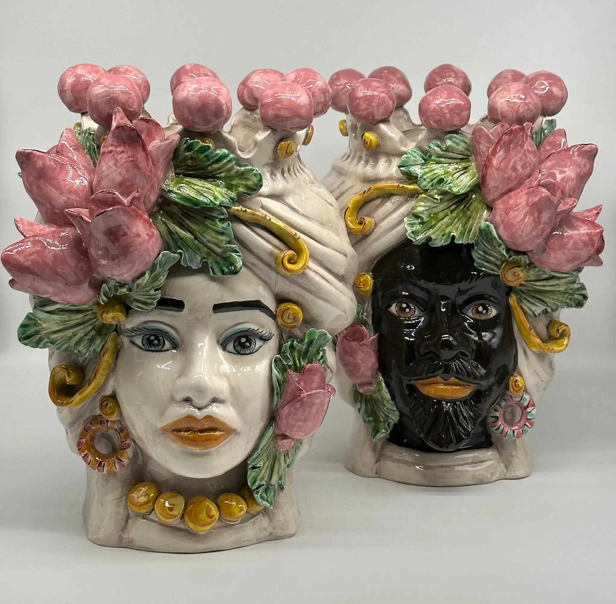 Teste di Moro Tulipani Rosa Ceramica Caltagirone cm H.30 L.23 Artigianale - TESTA DI MORO