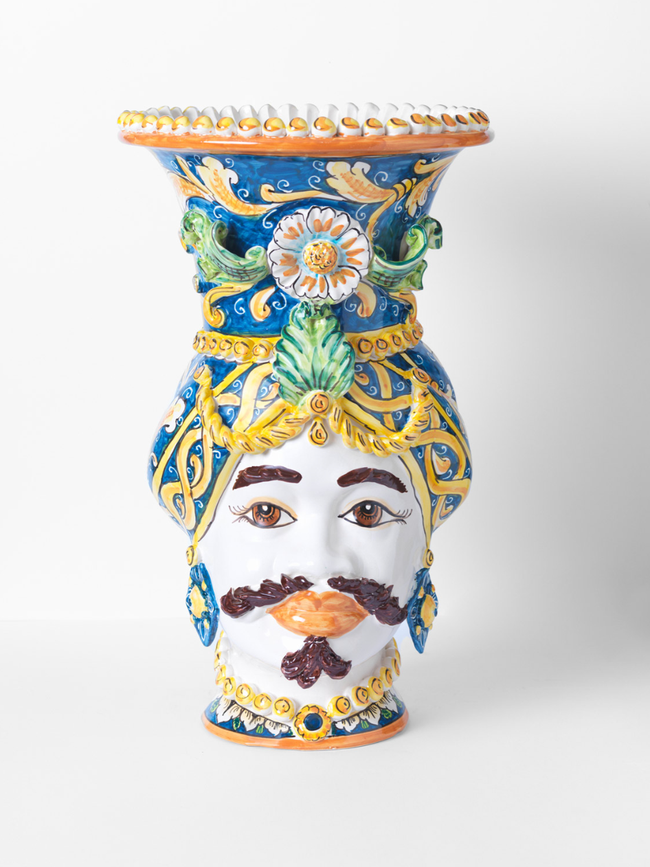 Teste di Moro Vaso TDS Ceramica Caltagirone cm H.50 L.30 Artigianale Campito Blu - Uomo - TESTE DI MORO