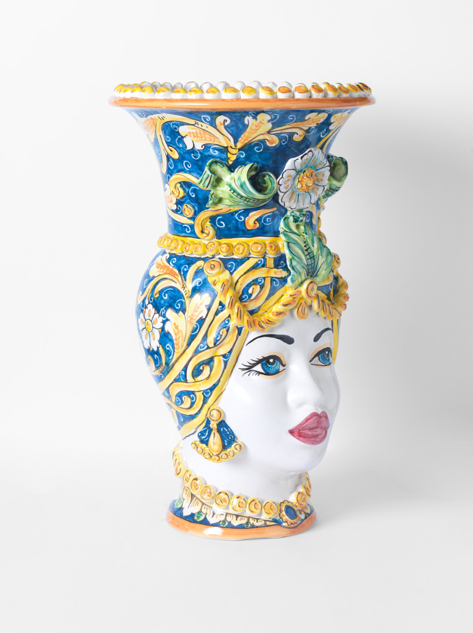 Teste di Moro Vaso TDS Ceramica Caltagirone cm H.50 L.30 Artigianale Campito Blu - TESTE DI MORO