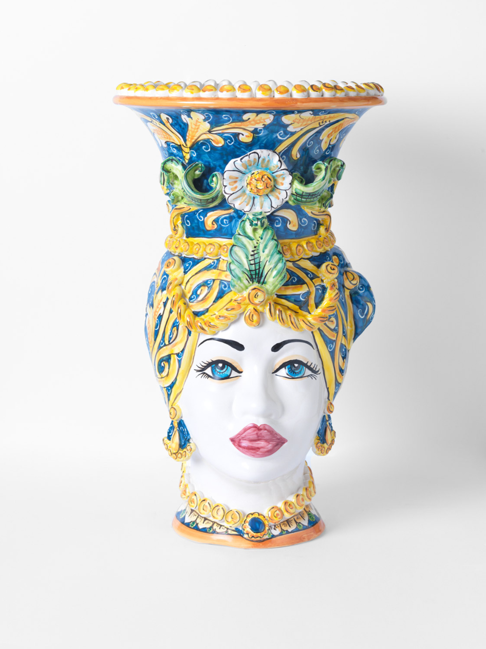 Teste di Moro Vaso TDS Ceramica Caltagirone cm H.50 L.30 Artigianale Campito Blu - Donna - TESTE DI MORO