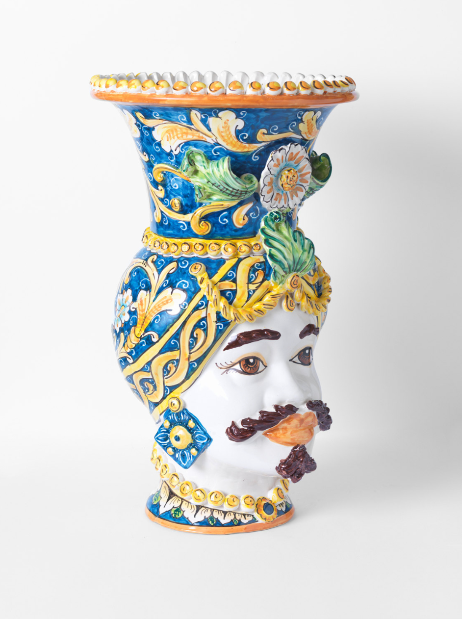 Teste di Moro Vaso TDS Ceramica Caltagirone cm H.50 L.30 Artigianale Campito Blu - TESTE DI MORO