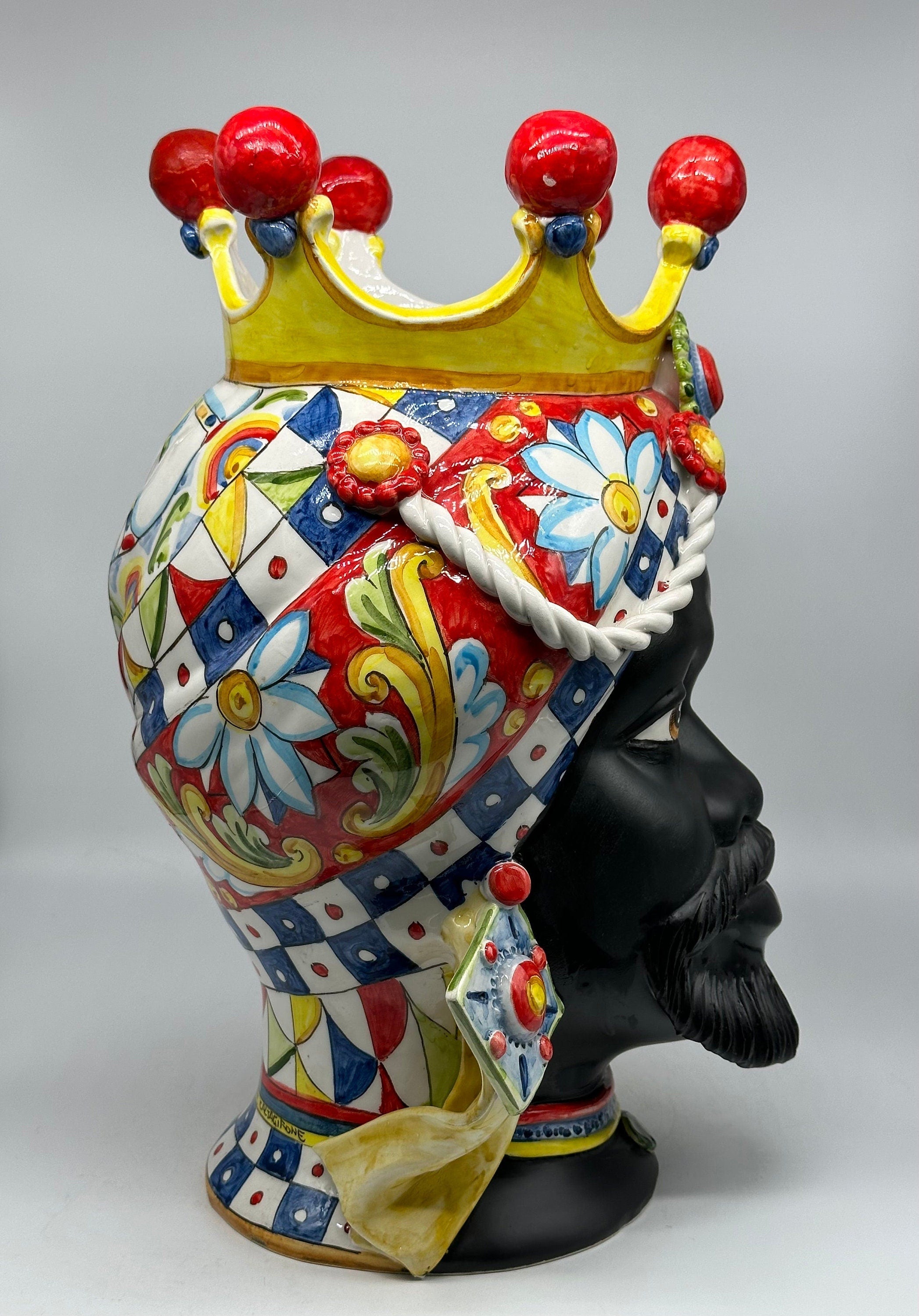 Teste Di Moro Zefiro Ceramica Caltagirone Cm H.43 L.26 Artigianale Serie "Carretto"