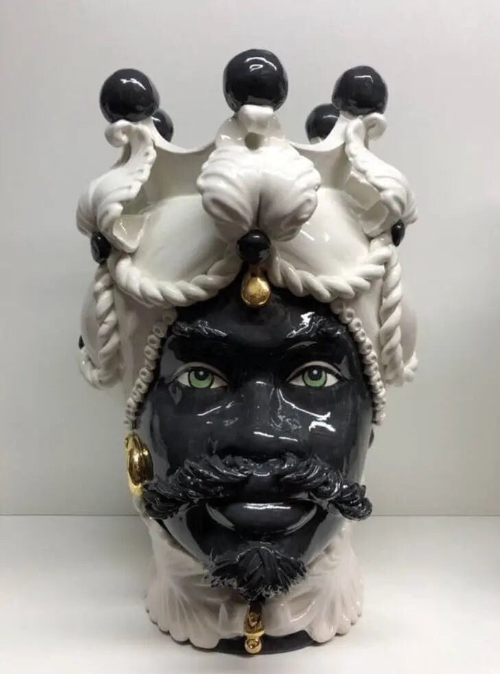 Teste di Moro Zefiro Ceramica Caltagirone cm H.43 L.26 Artigianale Bianco Nero Oro DD CERAMICHE SICILIANE