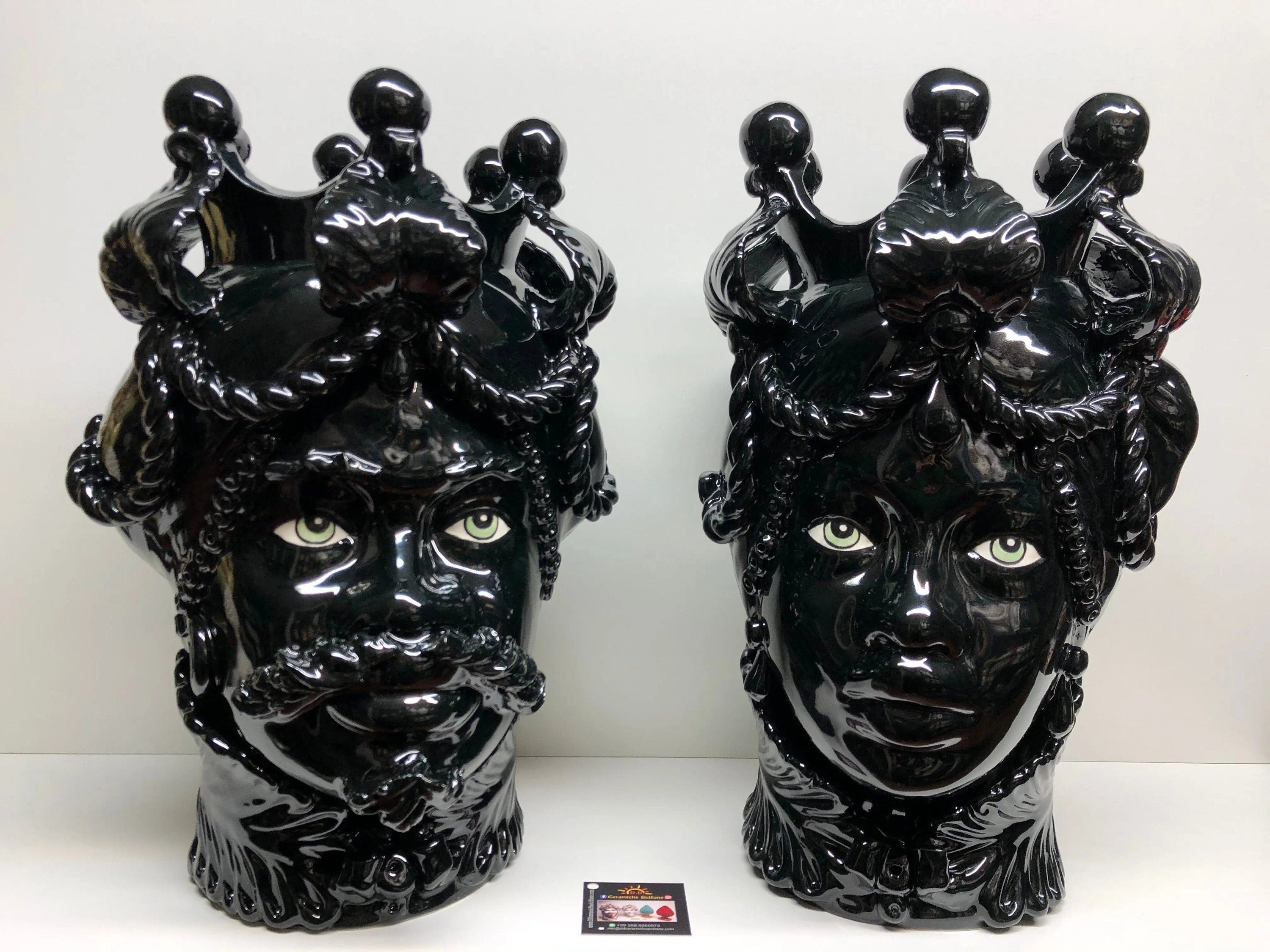 Teste di Moro Zefiro Ceramica Caltagirone cm H.43 L.26 Artigianale Nero Lucido Occhi Verde DD CERAMICHE SICILIANE