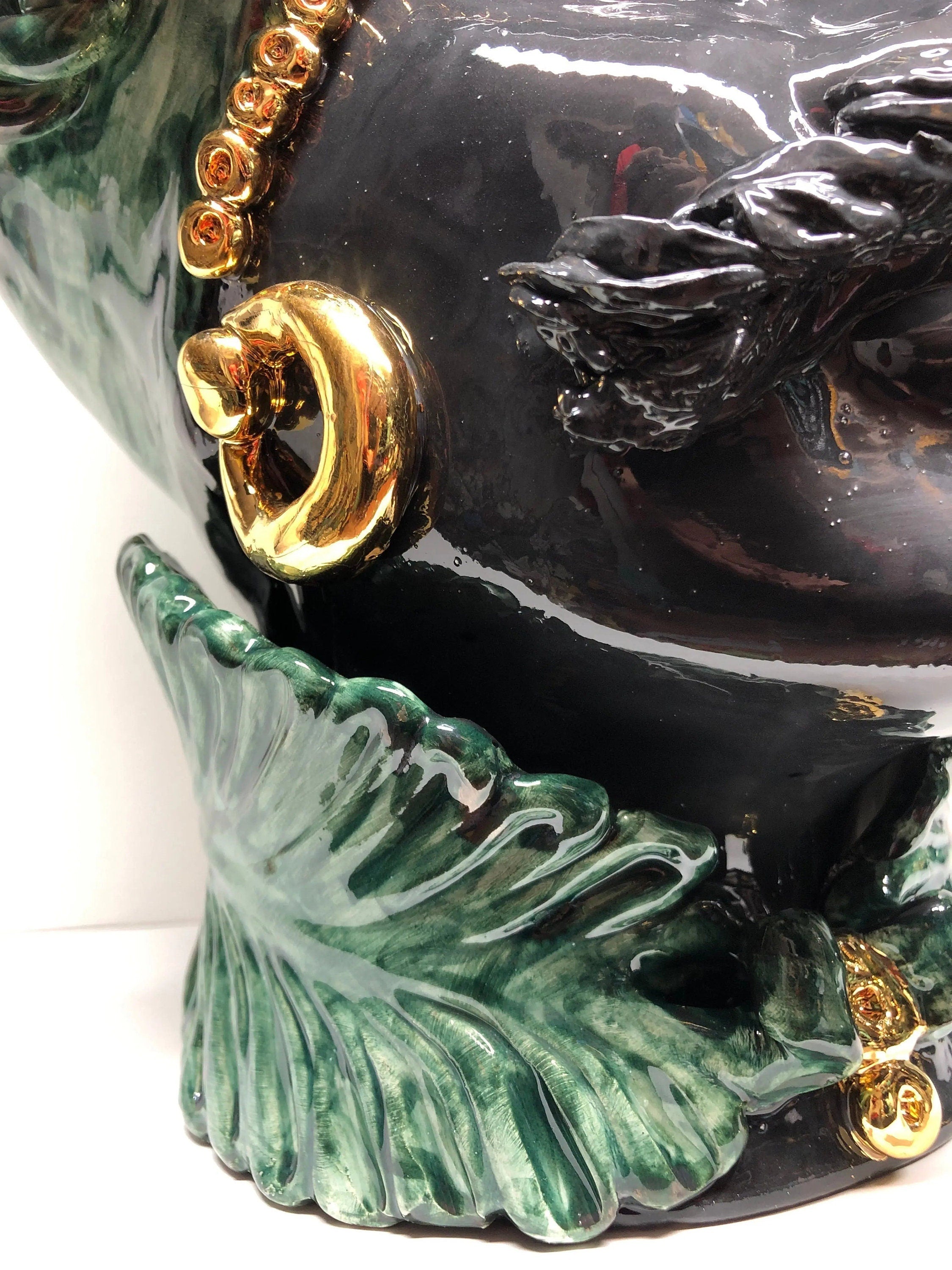 Teste di Moro Zefiro Ceramica Caltagirone cm H.43 L.26 Artigianale Verde Nero Oro DD CERAMICHE SICILIANE