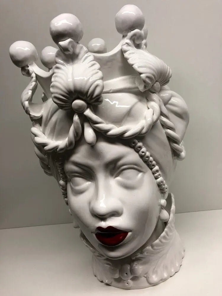 Teste di Moro Zefiro Ceramica Caltagirone cm H.43 L.26 Artigianale Bianco Labbra Rosse DD CERAMICHE SICILIANE