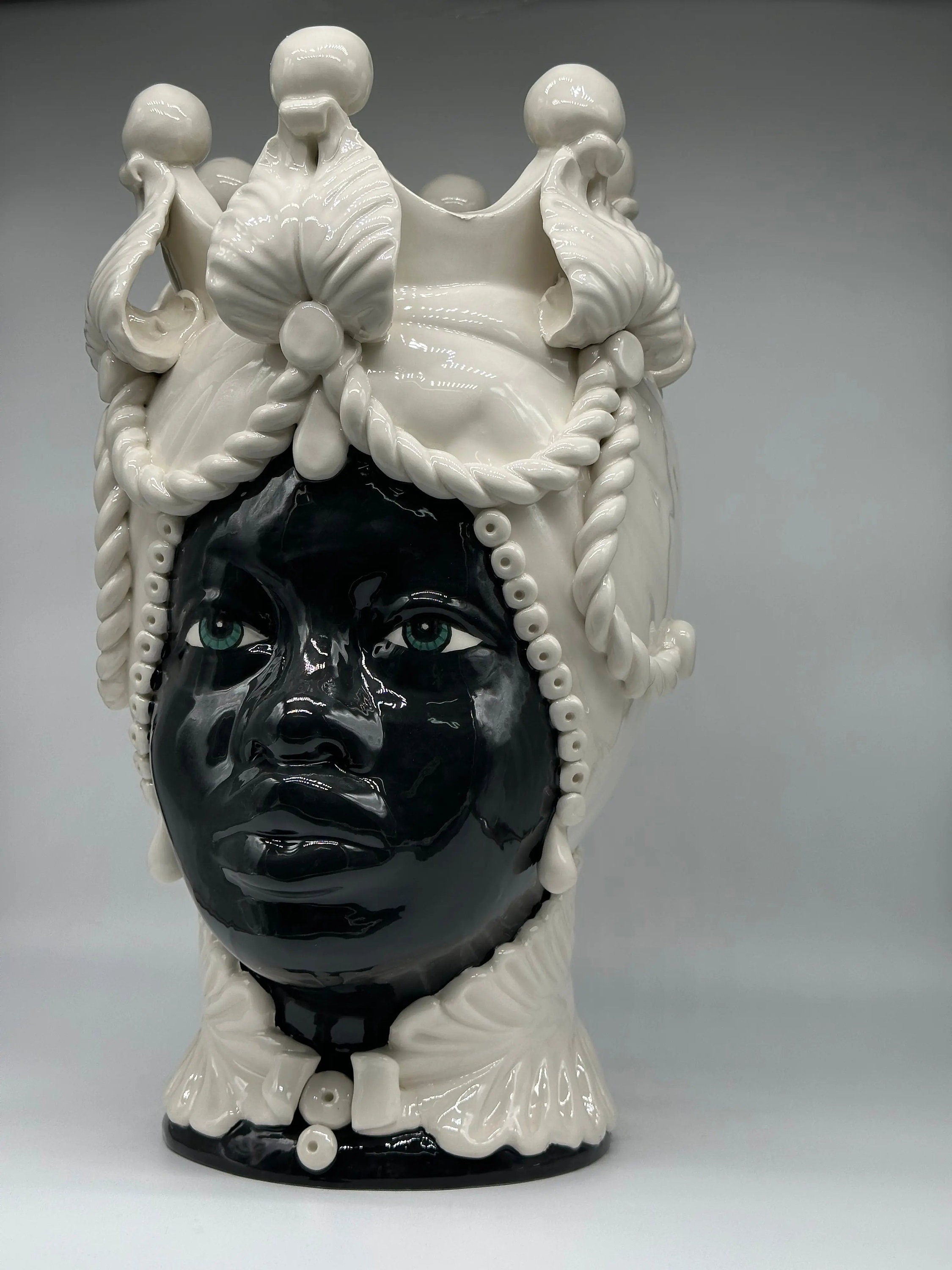 Teste di Moro Zefiro Ceramica Caltagirone cm H.43 L.26 Artigianale Bianco Nero DD CERAMICHE SICILIANE