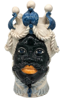 Teste di Moro Zefiro Ceramica Caltagirone cm H.43 L.26 Artigianale Écru Foglie Blu - DD CERAMICHE SICILIANE