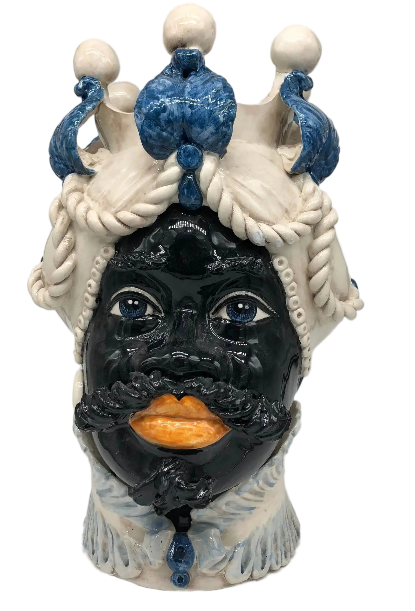 Teste di Moro Zefiro Ceramica Caltagirone cm H.43 L.26 Artigianale Écru Foglie Blu - DD CERAMICHE SICILIANE