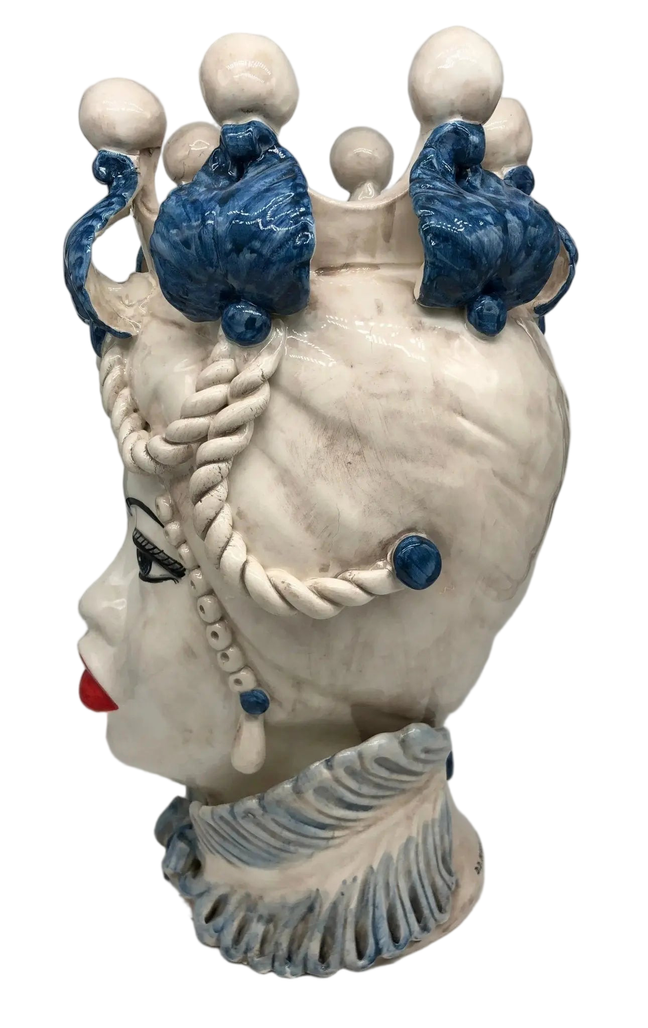 Teste di Moro Zefiro Ceramica Caltagirone cm H.43 L.26 Artigianale Écru Foglie Blu - DD CERAMICHE SICILIANE