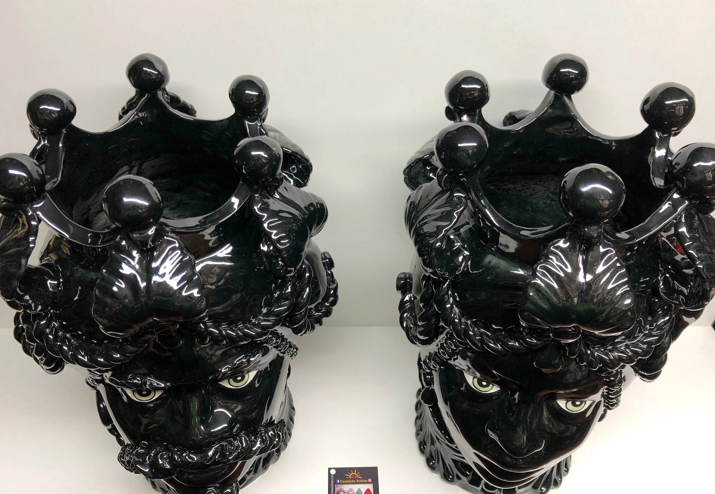 Teste di Moro Zefiro Ceramica Caltagirone cm H.43 L.26 Artigianale Nero Lucido Occhi Verde DD CERAMICHE SICILIANE