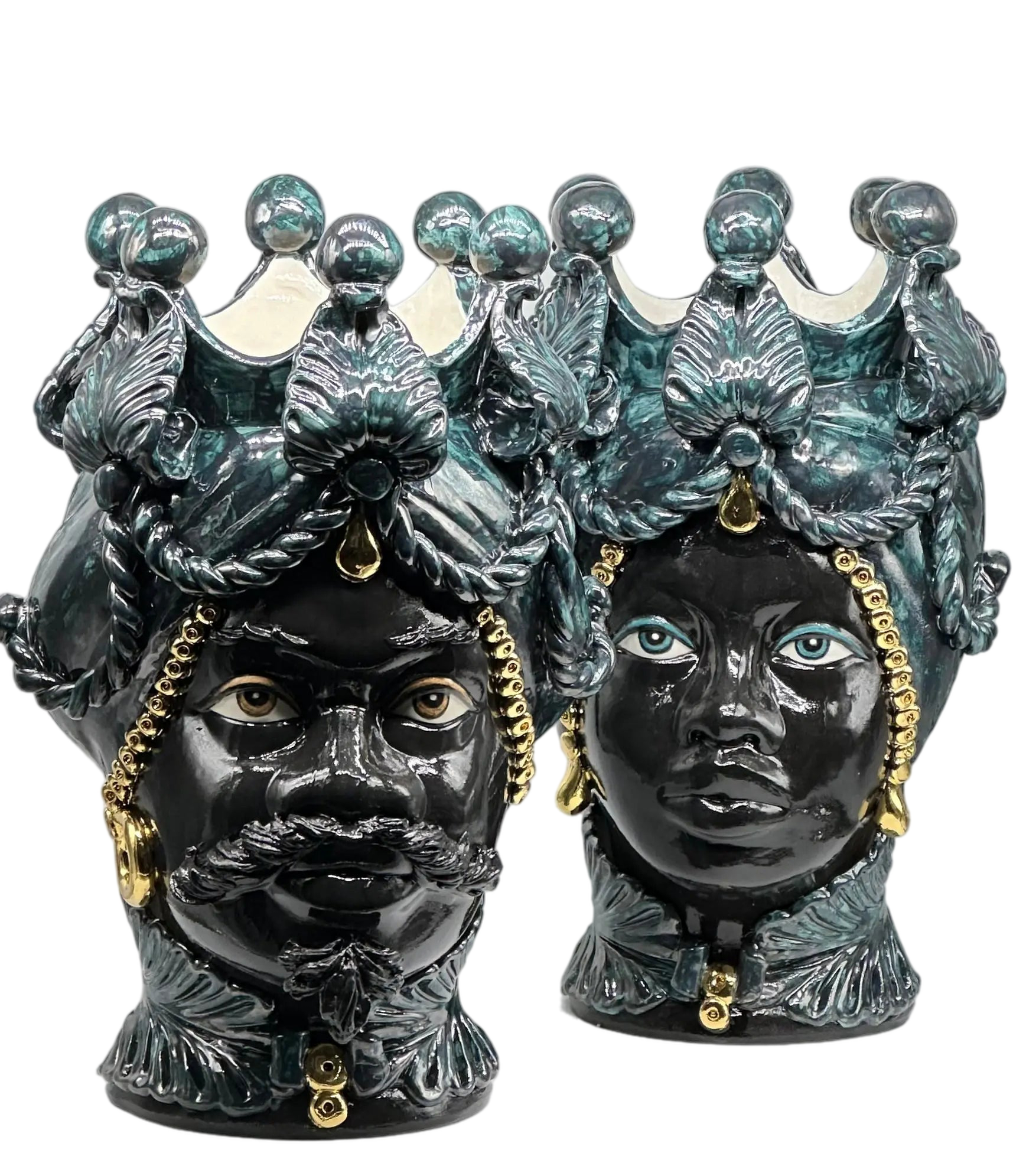 Teste di Moro Zefiro Ceramica Caltagirone cm H.43 L.26 Artigianale Verde Nero Oro DD CERAMICHE SICILIANE