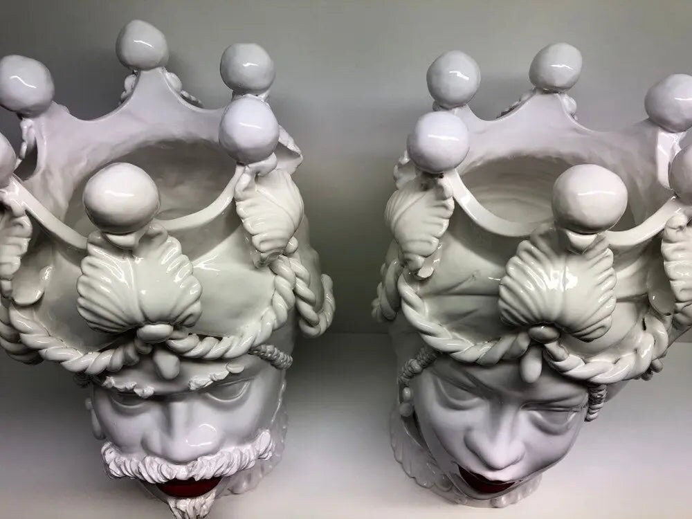 Teste di Moro Zefiro Ceramica Caltagirone cm H.43 L.26 Artigianale Bianco Labbra Rosse DD CERAMICHE SICILIANE