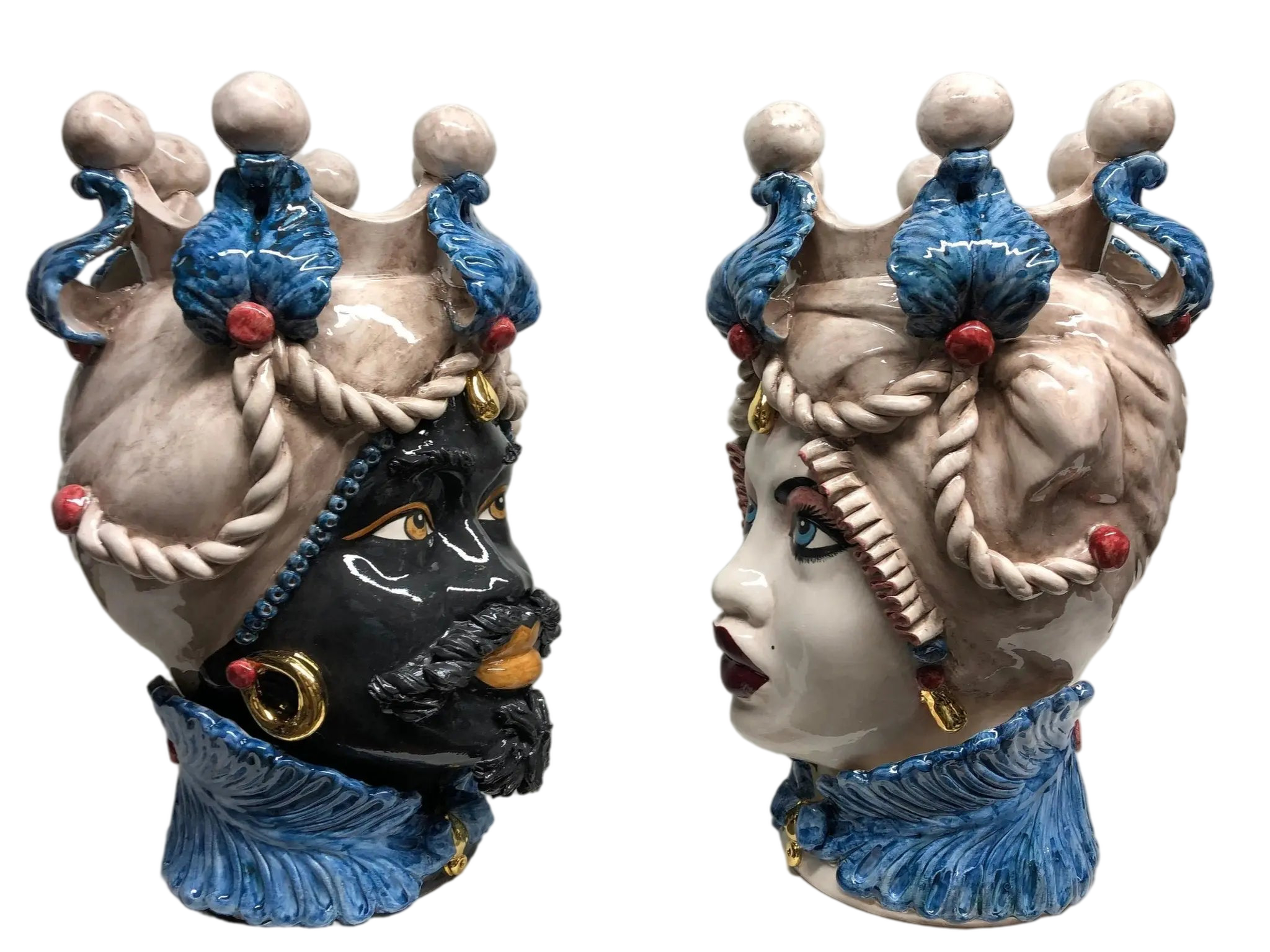 Teste di Moro Zefiro Ceramica Caltagirone cm H.43 L.26 Artigianale Écru Foglie Blu Oro - DD CERAMICHE SICILIANE