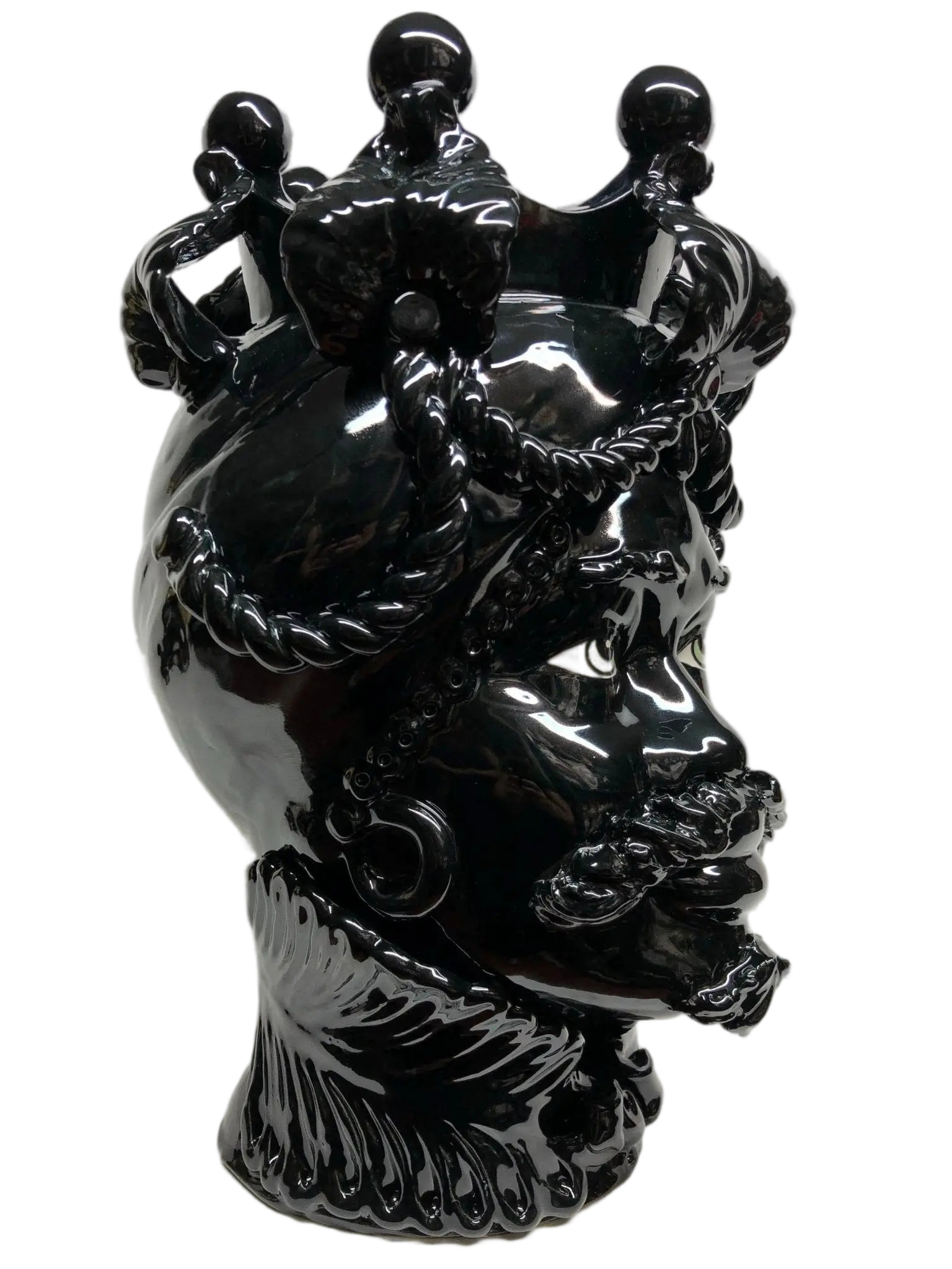 Teste di Moro Zefiro Ceramica Caltagirone cm H.43 L.26 Artigianale Nero Lucido Occhi Verde - DD CERAMICHE SICILIANE