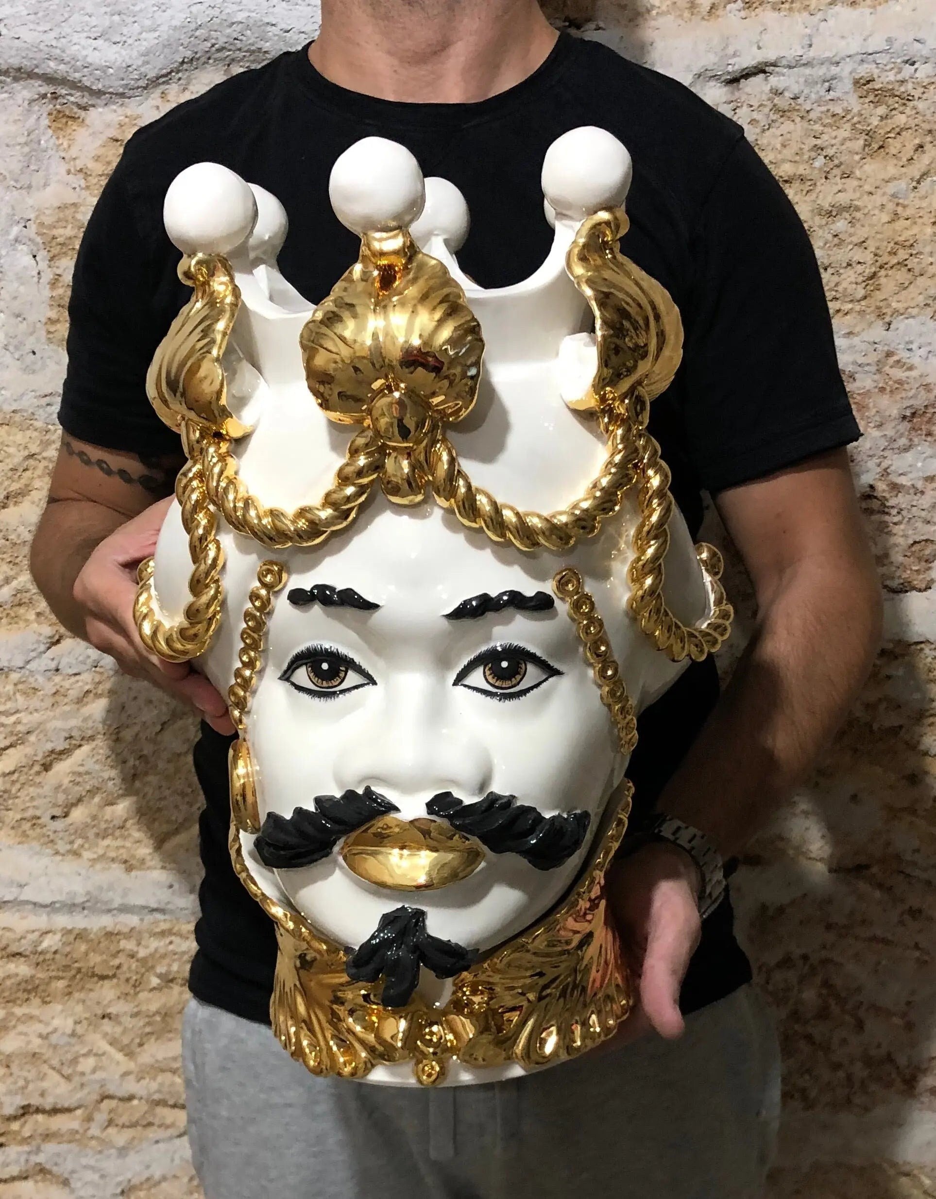 Teste di Moro Zefiro Ceramica Caltagirone cm H.43 L.26 Artigianale Bianco Oro Viso Chiaro DD CERAMICHE SICILIANE