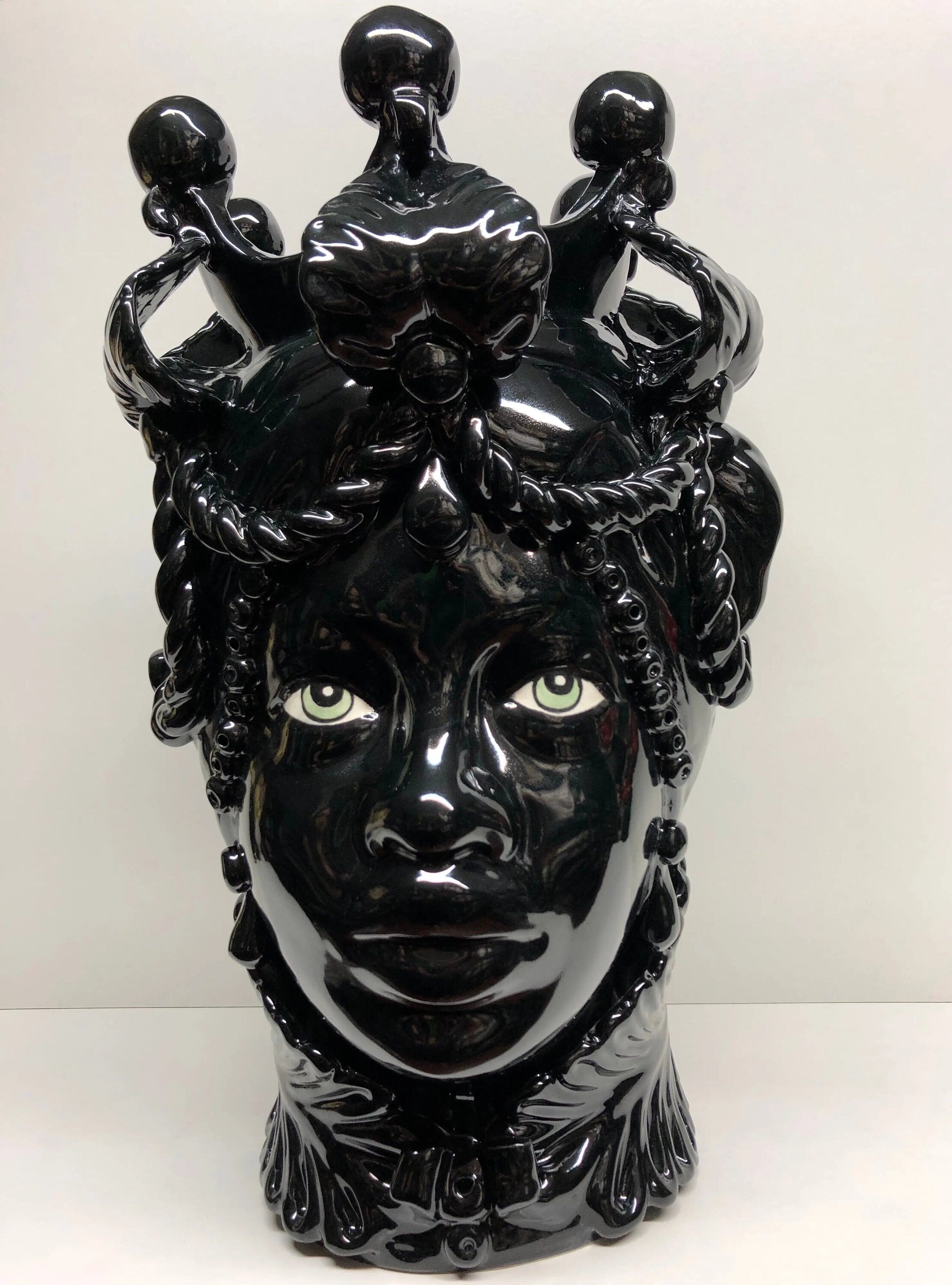 Teste di Moro Zefiro Ceramica Caltagirone cm H.43 L.26 Artigianale Nero Lucido Occhi Verde DD CERAMICHE SICILIANE
