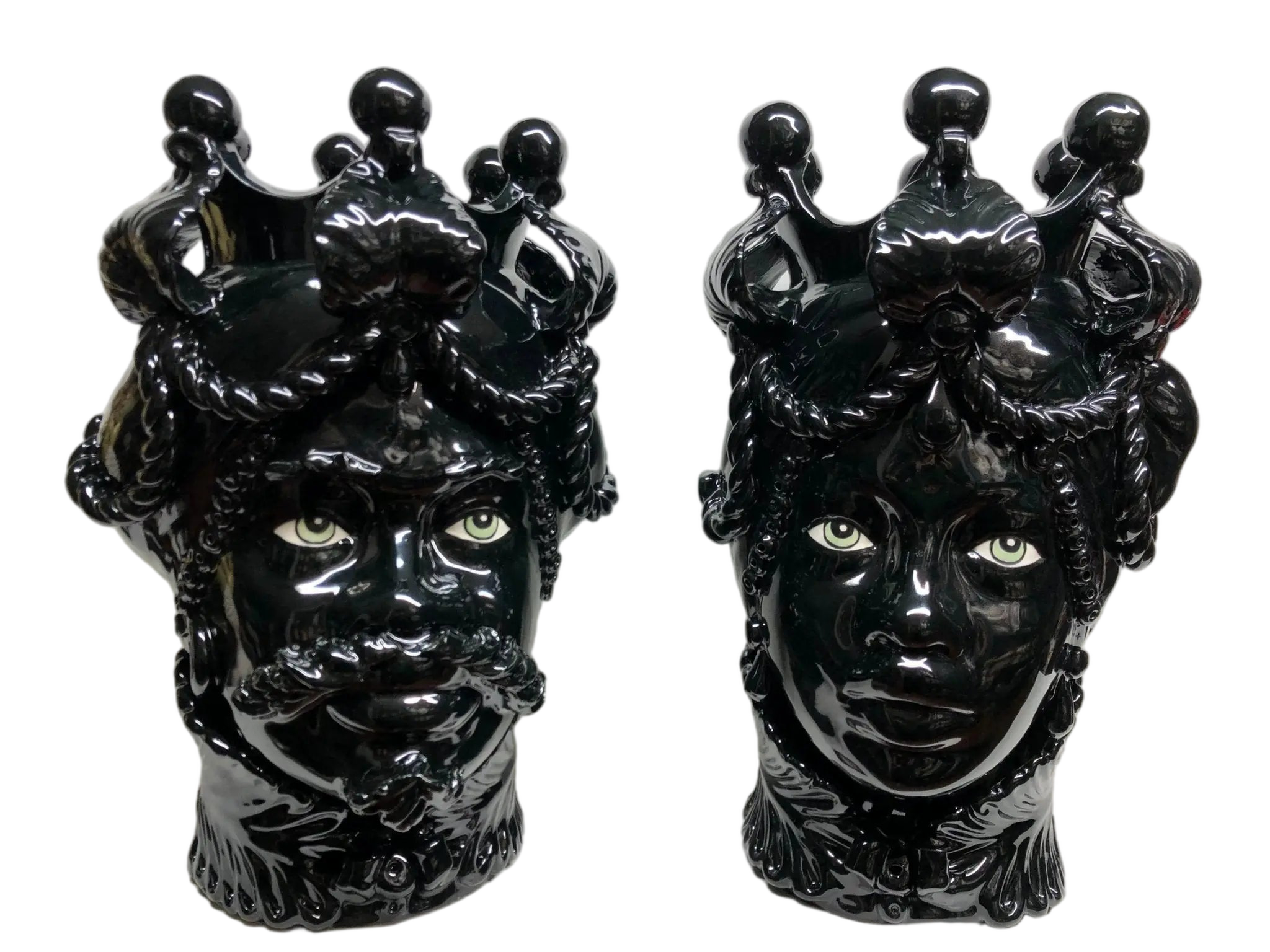 Teste di Moro Zefiro Ceramica Caltagirone cm H.43 L.26 Artigianale Nero Lucido Occhi Verde - DD CERAMICHE SICILIANE