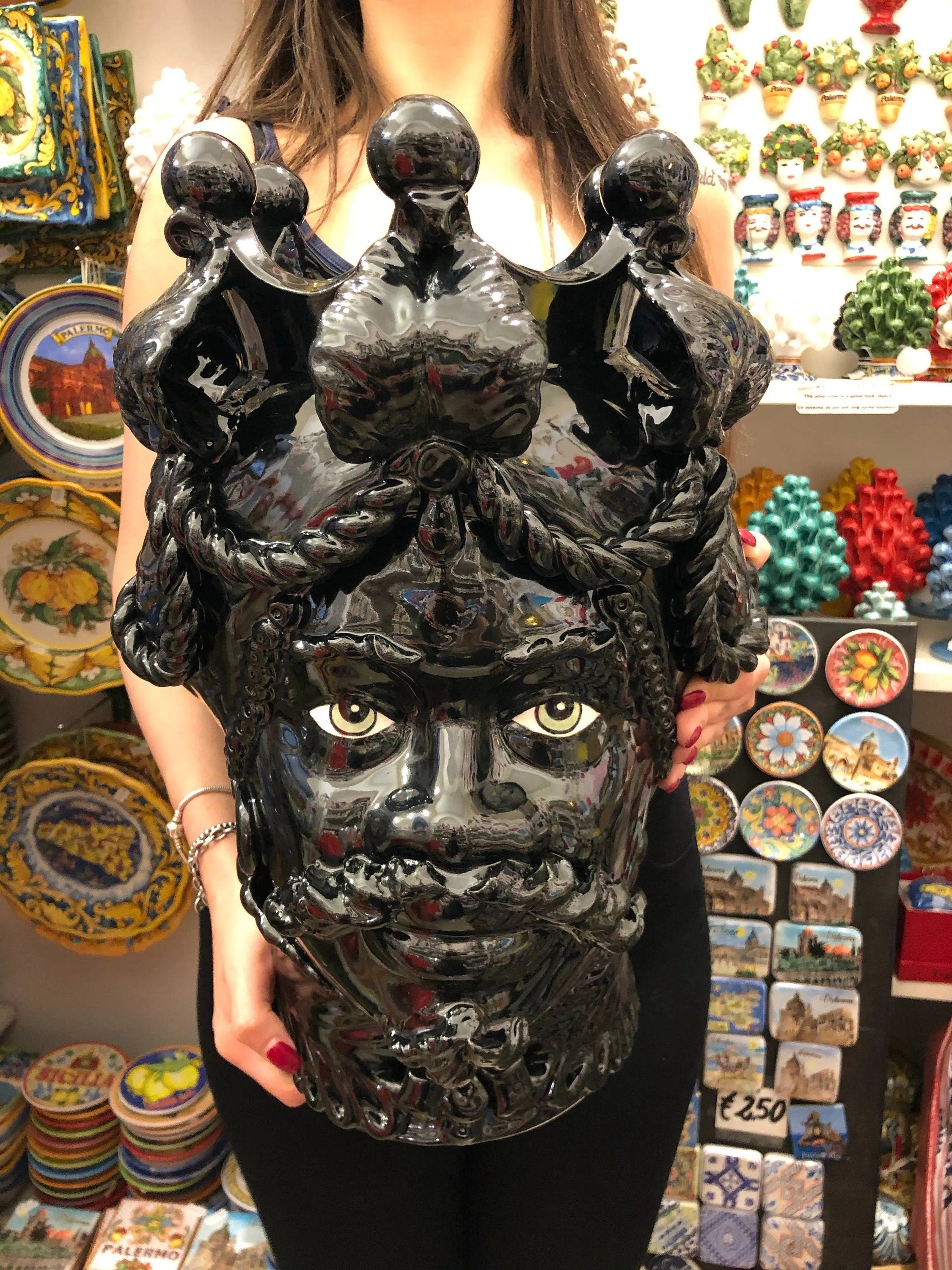 Teste di Moro Zefiro Ceramica Caltagirone cm H.43 L.26 Artigianale Nero Lucido Occhi Verde DD CERAMICHE SICILIANE