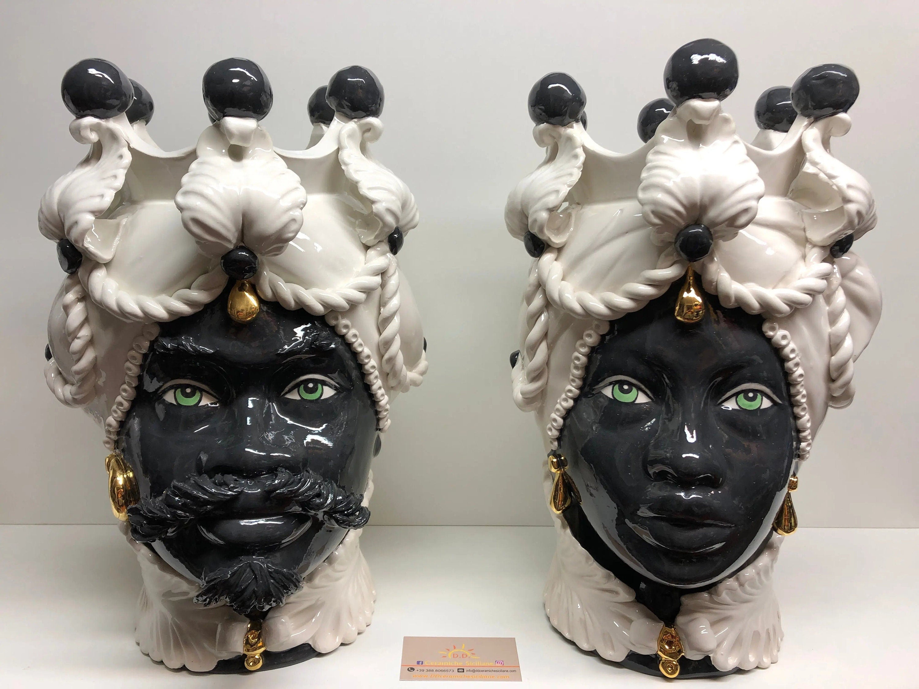 Teste di Moro Zefiro Ceramica Caltagirone cm H.43 L.26 Artigianale Bianco Nero Oro DD CERAMICHE SICILIANE