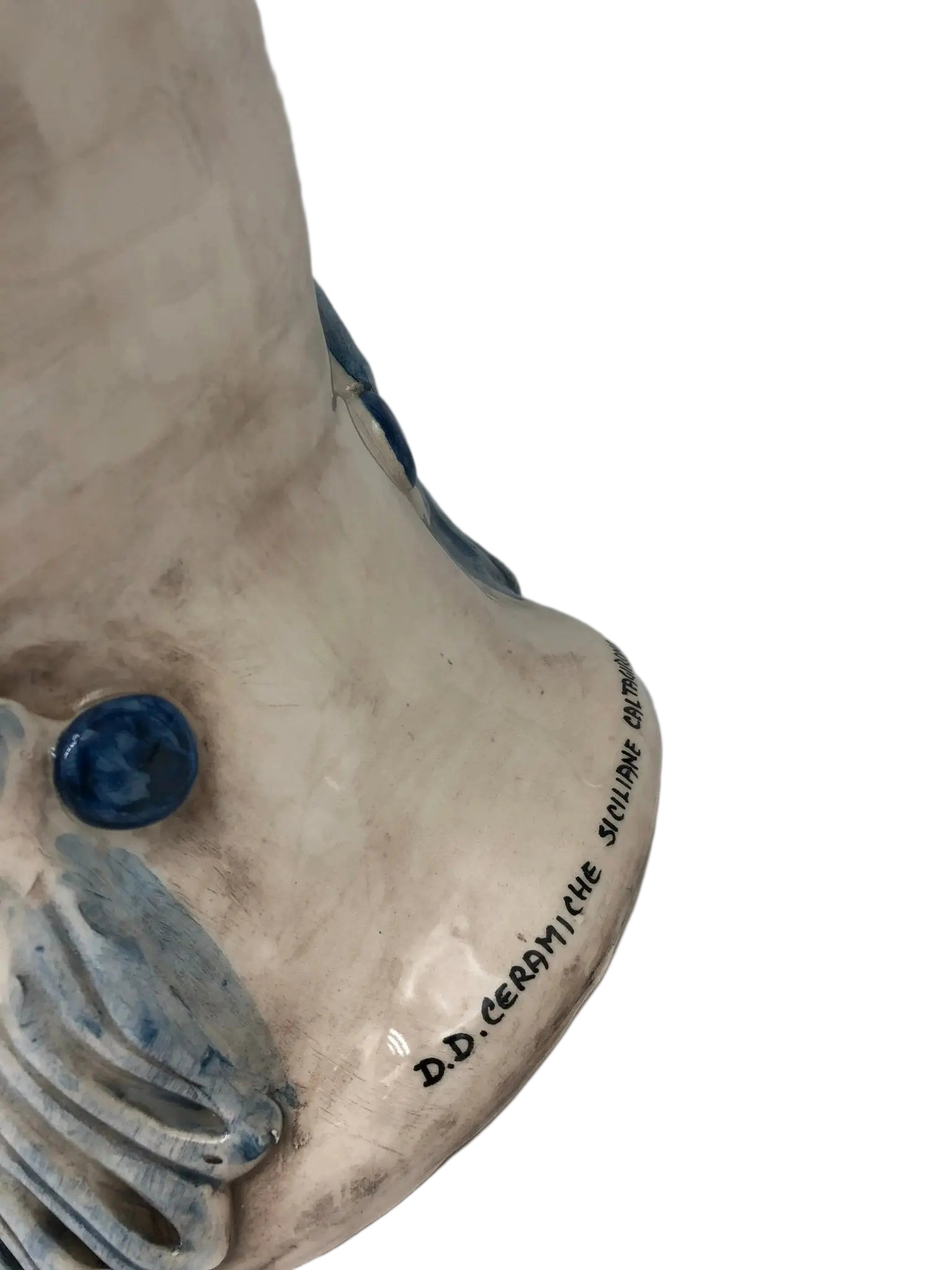 Teste di Moro Zefiro Ceramica Caltagirone cm H.43 L.26 Artigianale Écru Foglie Blu - DD CERAMICHE SICILIANE
