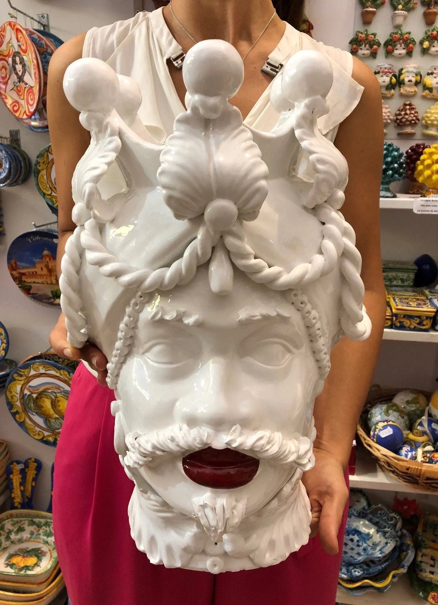 Teste di Moro Zefiro Ceramica Caltagirone cm H.43 L.26 Artigianale Bianco Labbra Rosse DD CERAMICHE SICILIANE