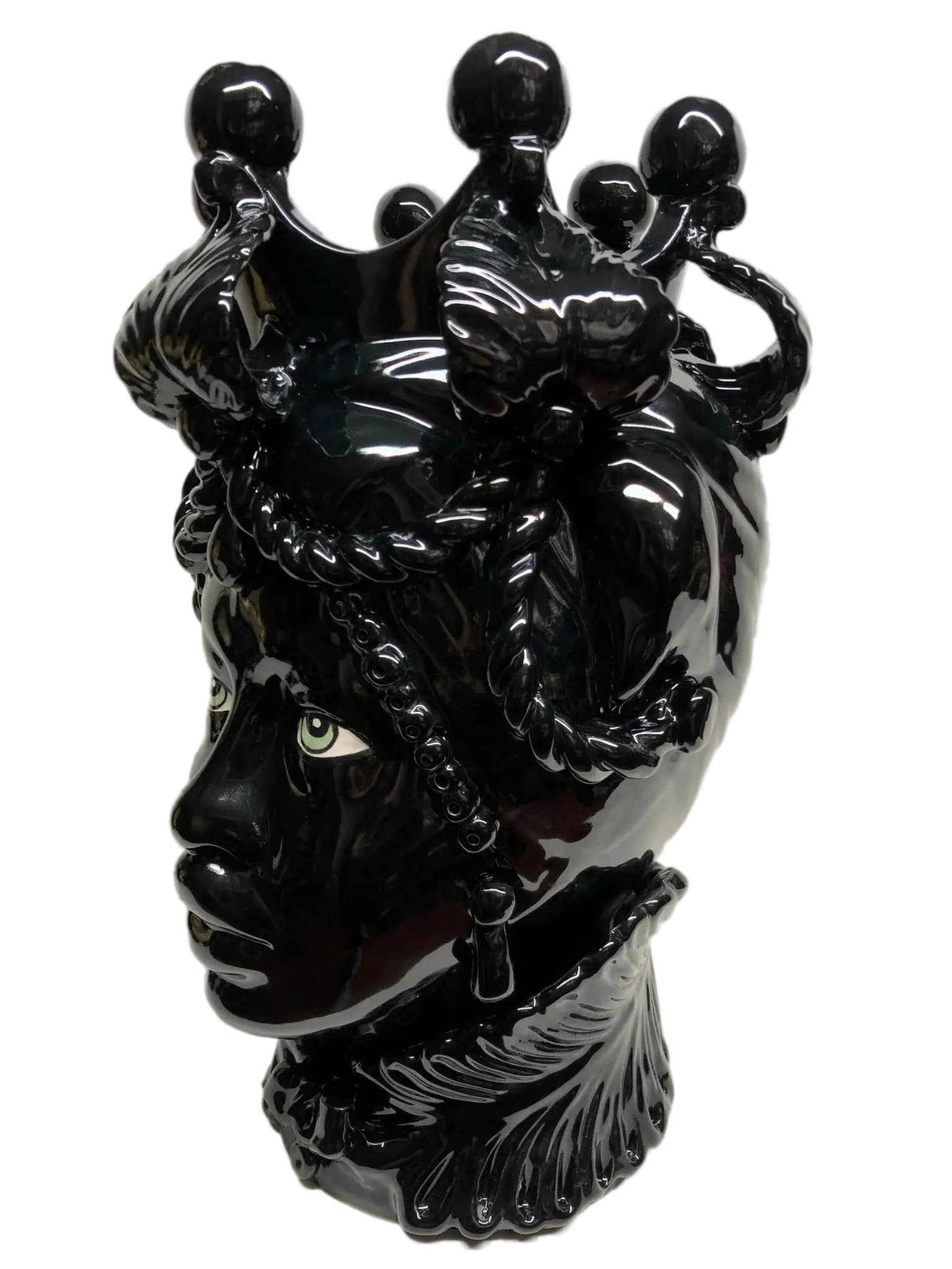 Teste di Moro Zefiro Ceramica Caltagirone cm H.43 L.26 Artigianale Nero Lucido Occhi Verde - DD CERAMICHE SICILIANE