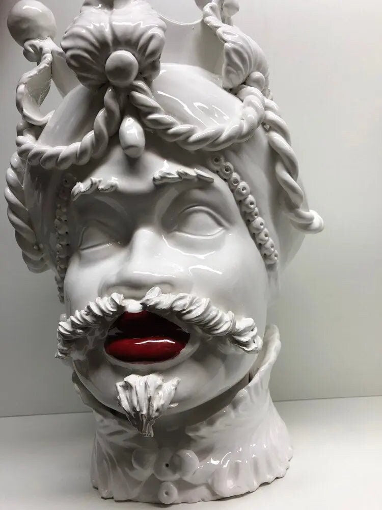 Teste di Moro Zefiro Ceramica Caltagirone cm H.43 L.26 Artigianale Bianco Labbra Rosse DD CERAMICHE SICILIANE