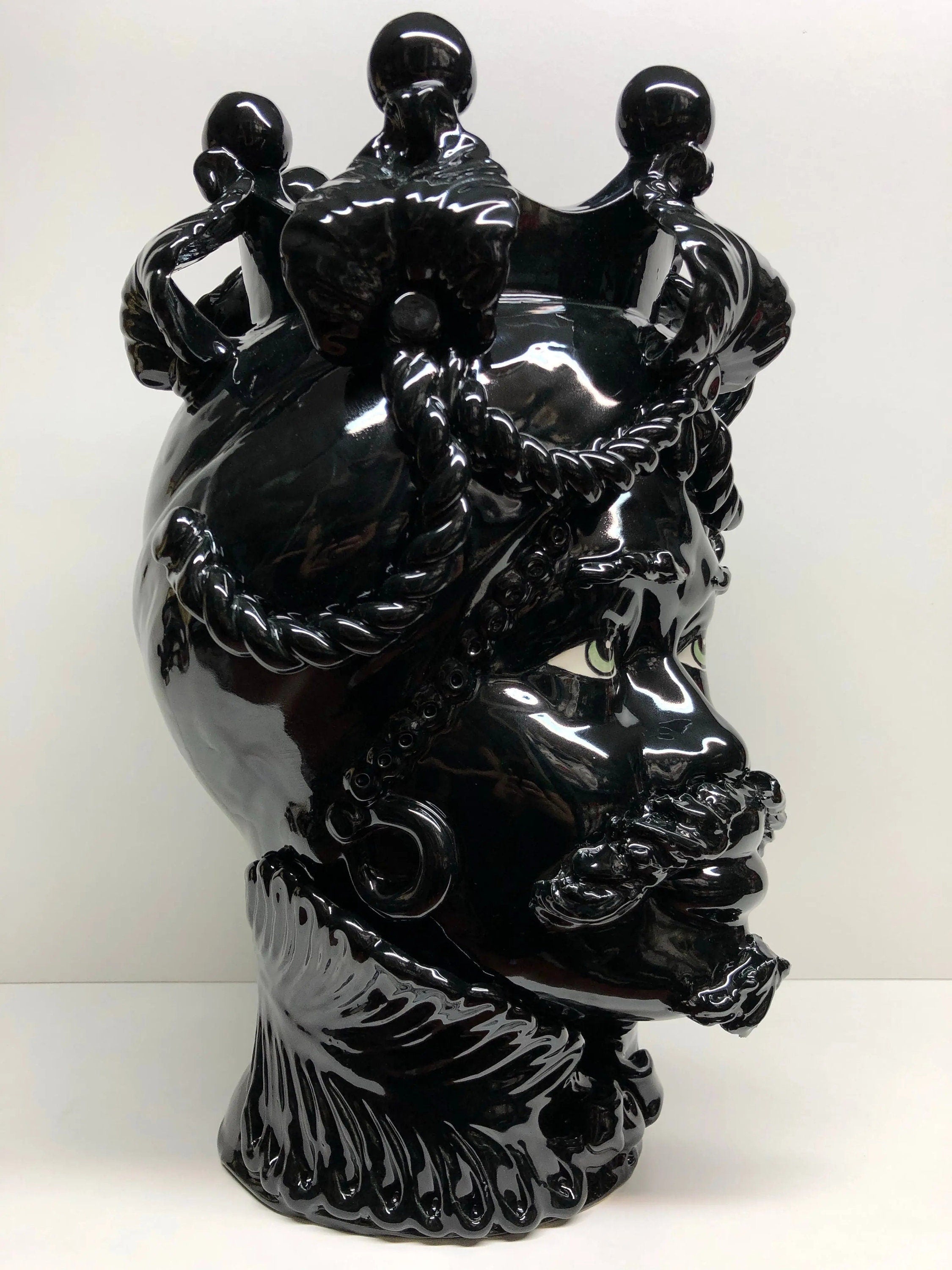 Teste di Moro Zefiro Ceramica Caltagirone cm H.43 L.26 Artigianale Nero Lucido Occhi Verde DD CERAMICHE SICILIANE