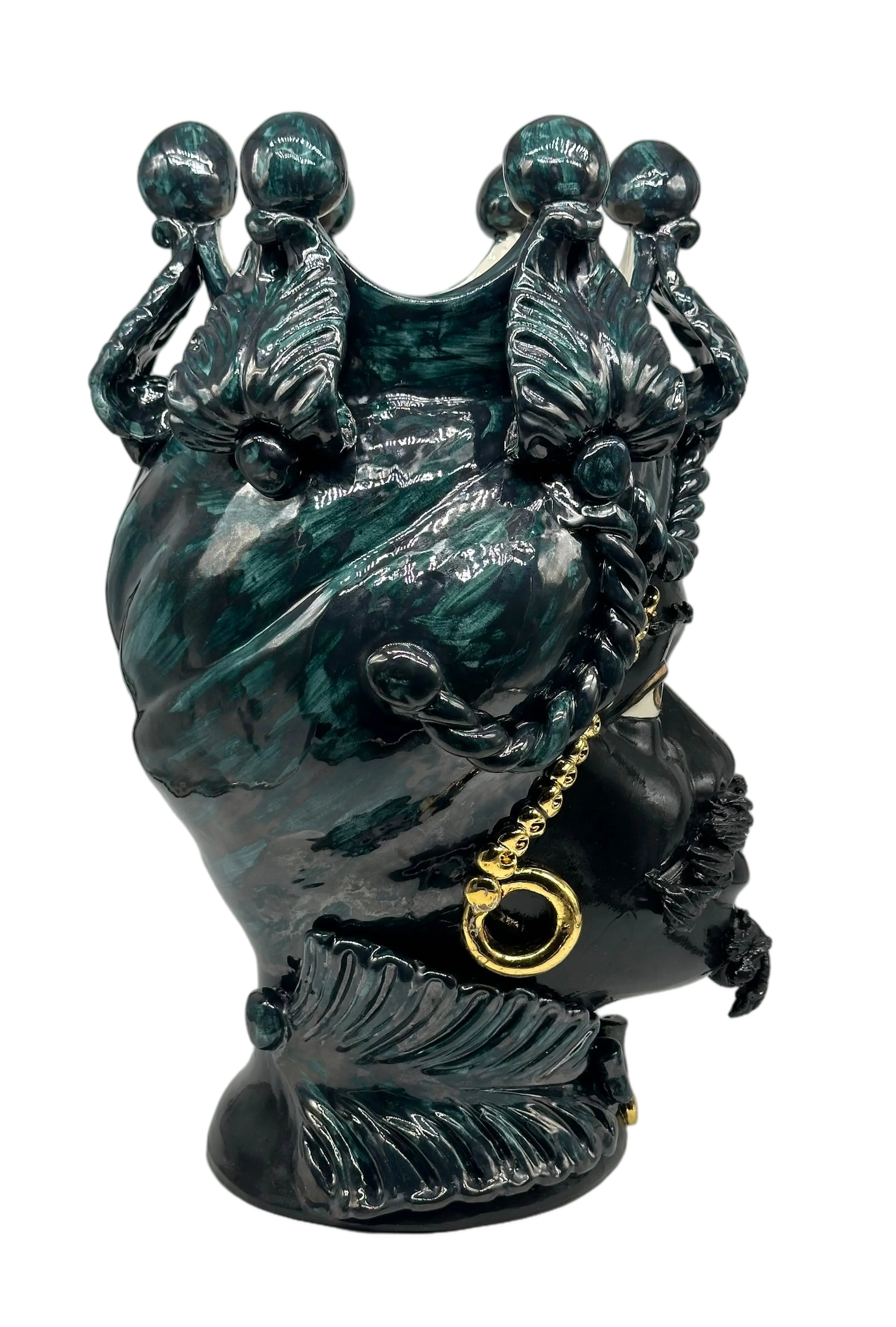 Teste di Moro Zefiro Ceramica Caltagirone cm H.43 L.26 Artigianale Verde Nero Oro DD CERAMICHE SICILIANE