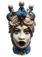 Teste di Moro Zefiro Ceramica Caltagirone cm H.43 L.26 Artigianale Écru Foglie Blu Oro - DD CERAMICHE SICILIANE