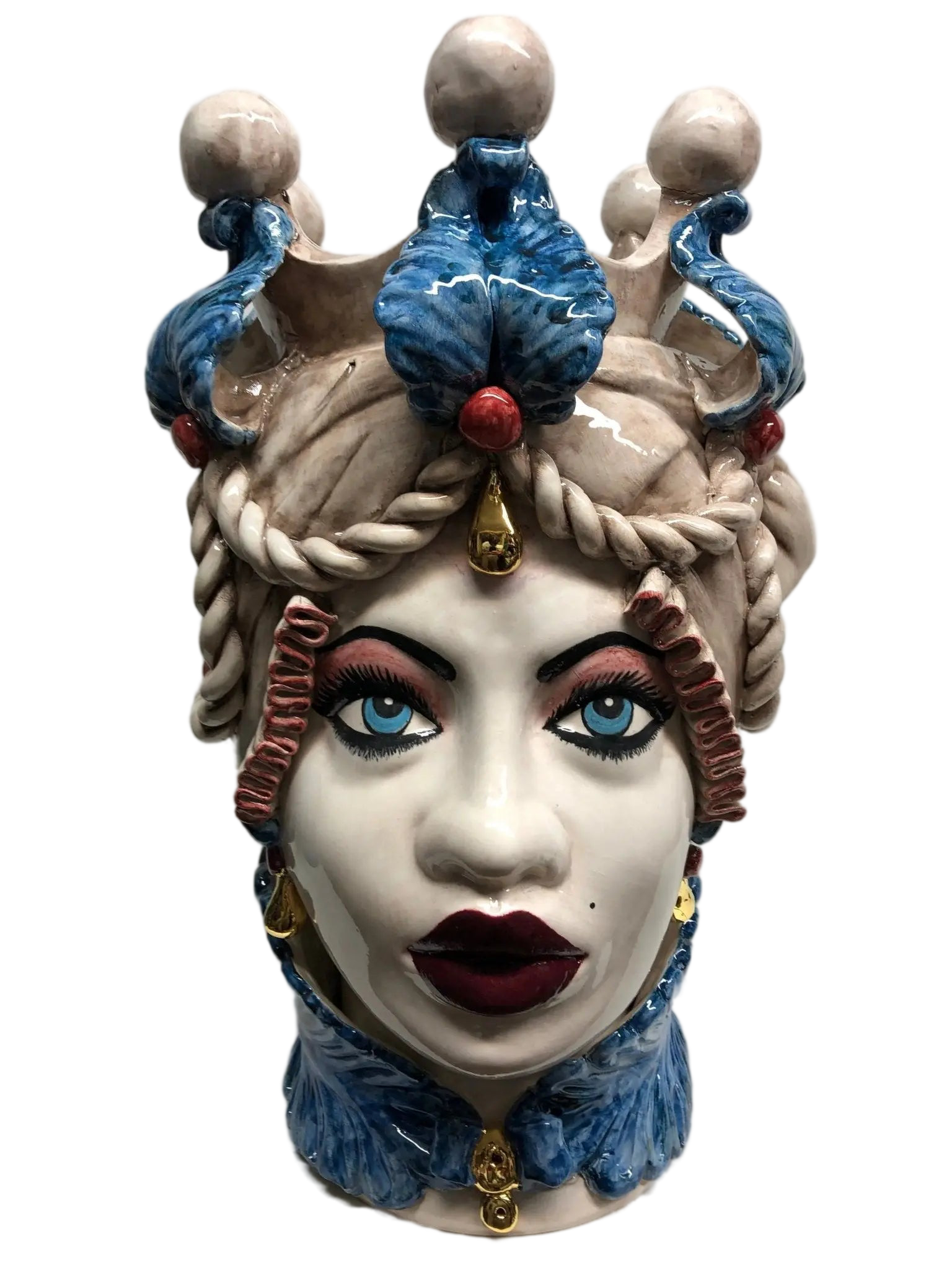 Teste di Moro Zefiro Ceramica Caltagirone cm H.43 L.26 Artigianale Écru Foglie Blu Oro - DD CERAMICHE SICILIANE