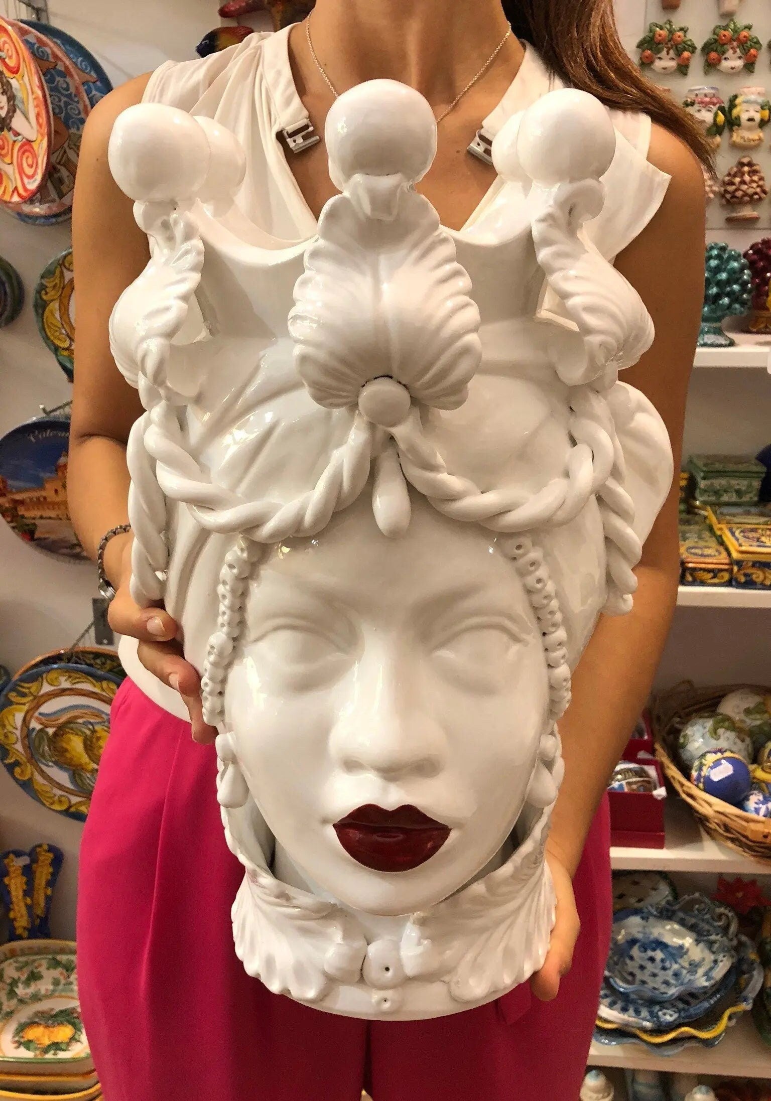 Teste di Moro Zefiro Ceramica Caltagirone cm H.43 L.26 Artigianale Bianco Labbra Rosse DD CERAMICHE SICILIANE