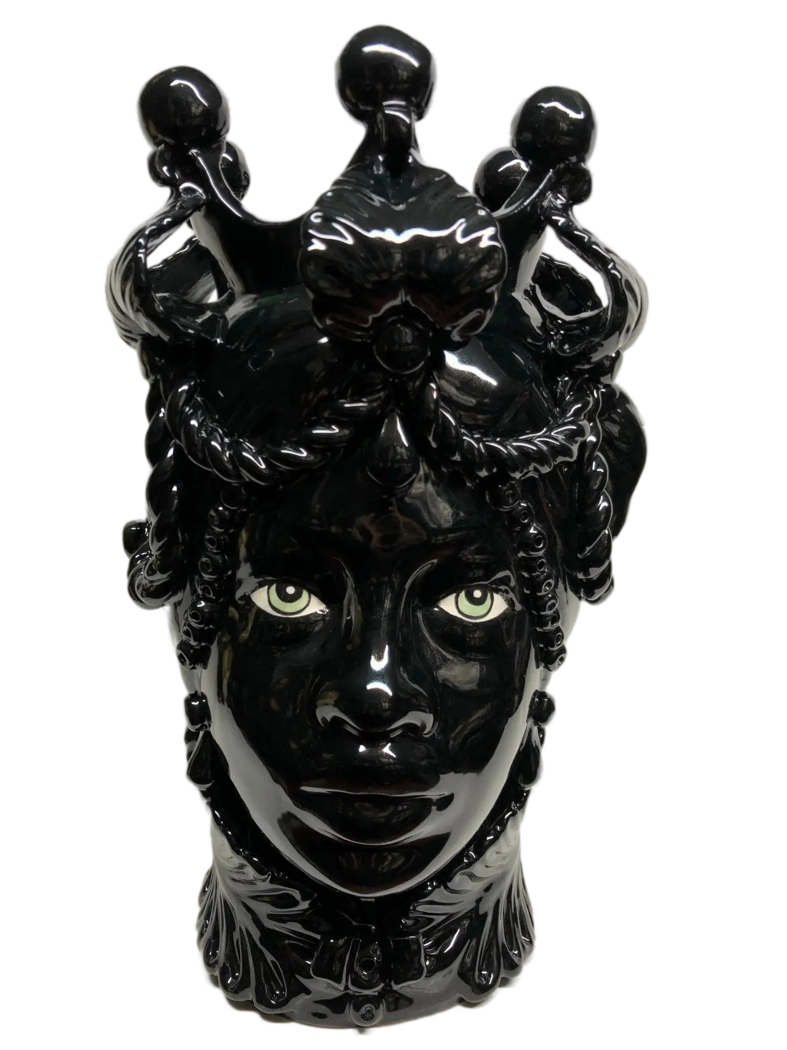 Teste di Moro Zefiro Ceramica Caltagirone cm H.43 L.26 Artigianale Nero Lucido Occhi Verde - DD CERAMICHE SICILIANE