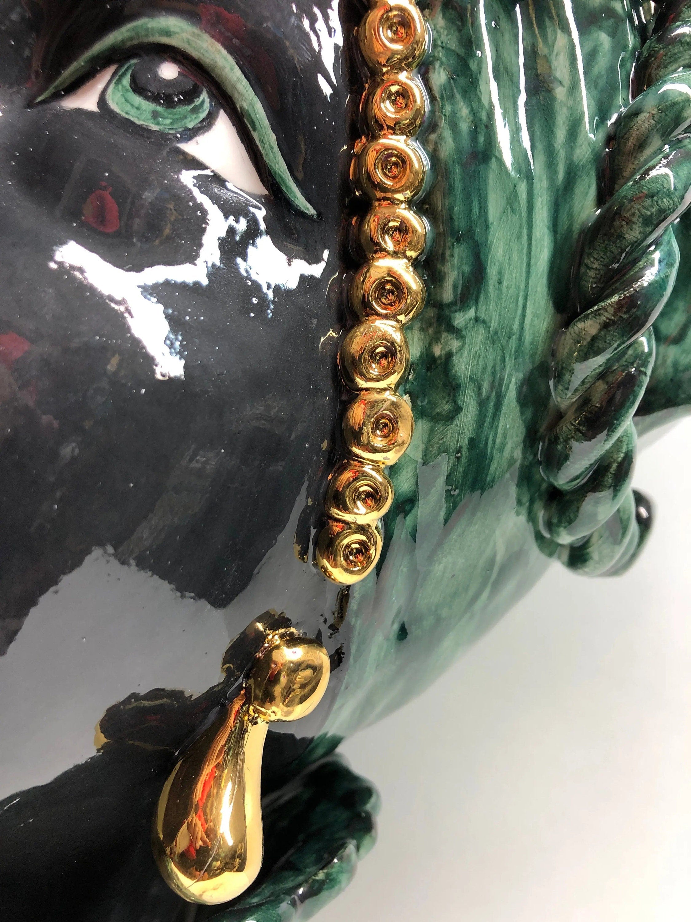Teste di Moro Zefiro Ceramica Caltagirone cm H.43 L.26 Artigianale Verde Nero Oro DD CERAMICHE SICILIANE