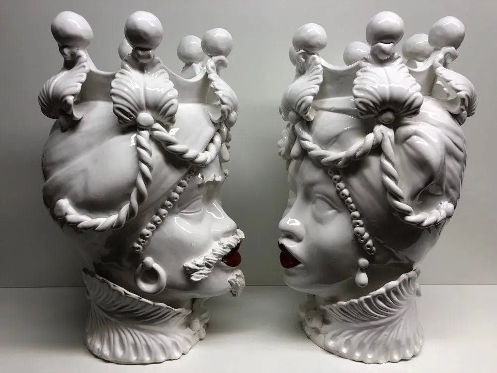 Teste di Moro Zefiro Ceramica Caltagirone cm H.43 L.26 Artigianale Bianco Labbra Rosse DD CERAMICHE SICILIANE