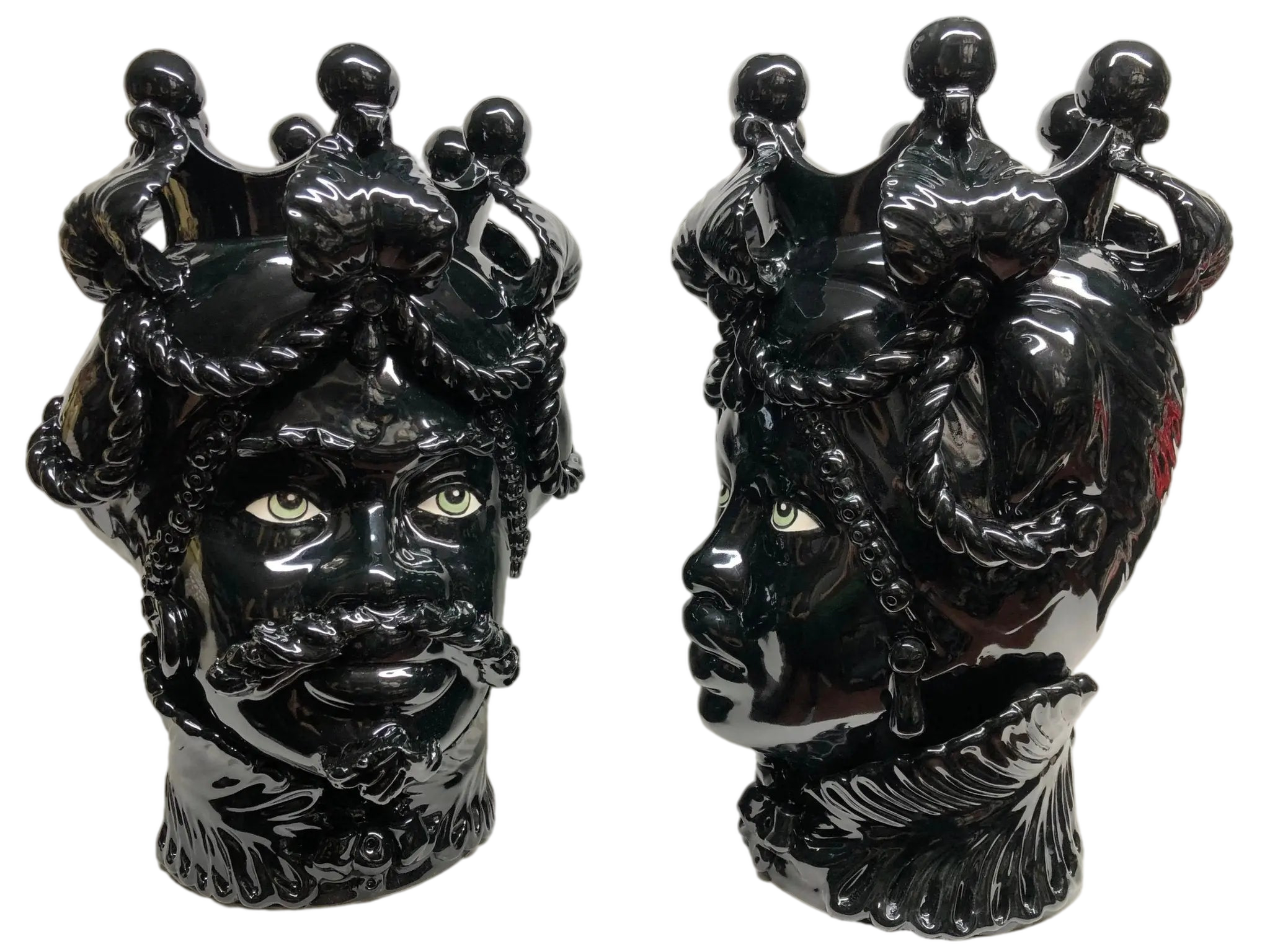 Teste di Moro Zefiro Ceramica Caltagirone cm H.43 L.26 Artigianale Nero Lucido Occhi Verde - DD CERAMICHE SICILIANE