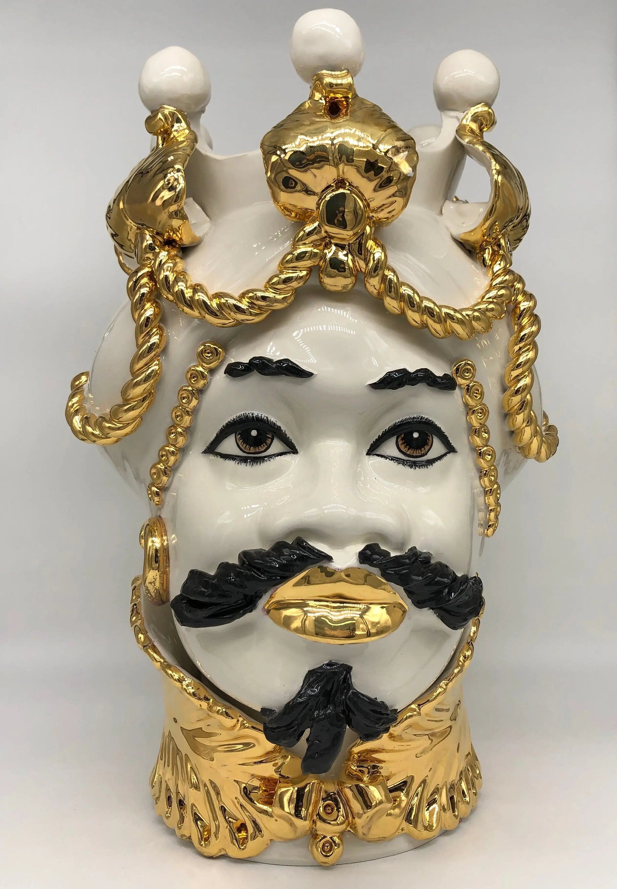 Teste di Moro Zefiro Ceramica Caltagirone cm H.43 L.26 Artigianale Bianco Oro Viso Chiaro DD CERAMICHE SICILIANE