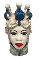 Teste di Moro Zefiro Ceramica Caltagirone cm H.43 L.26 Artigianale Écru Foglie Blu - DD CERAMICHE SICILIANE