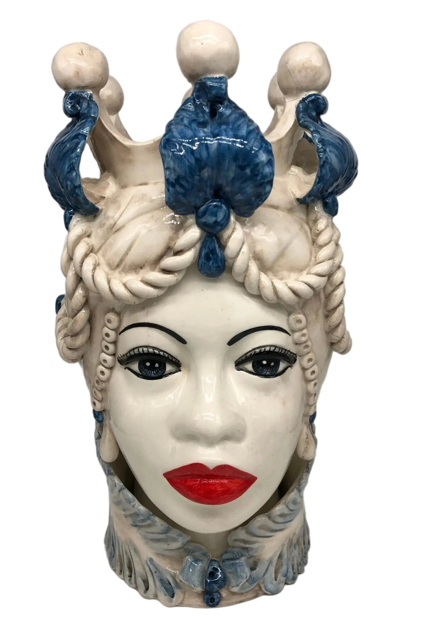 Teste di Moro Zefiro Ceramica Caltagirone cm H.43 L.26 Artigianale Écru Foglie Blu - DD CERAMICHE SICILIANE